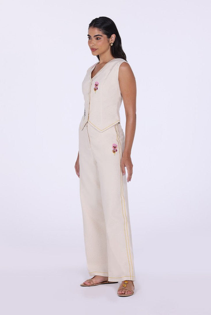Beige Embroidered Linen Wide Leg Pants - shopaleena
