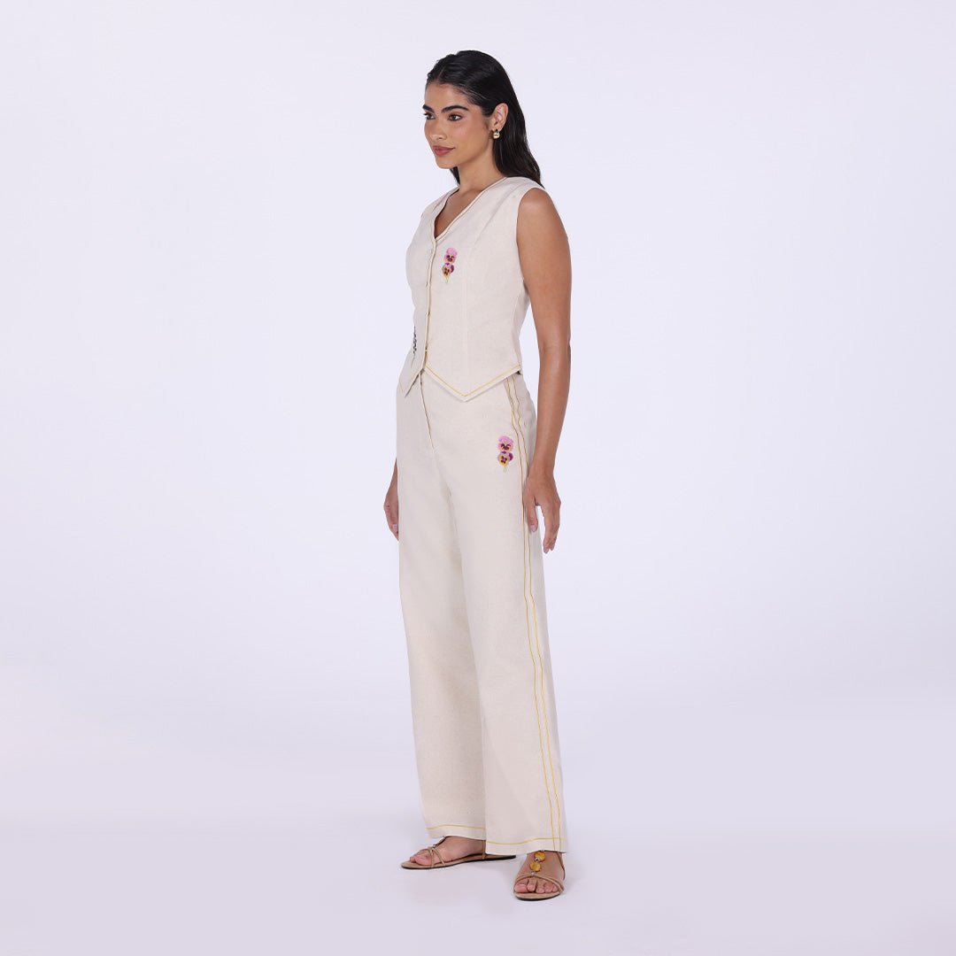 Beige Embroidered Linen Wide Leg Pants - shopaleena