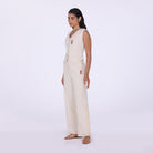 Beige Embroidered Linen Wide Leg Pants - shopaleena