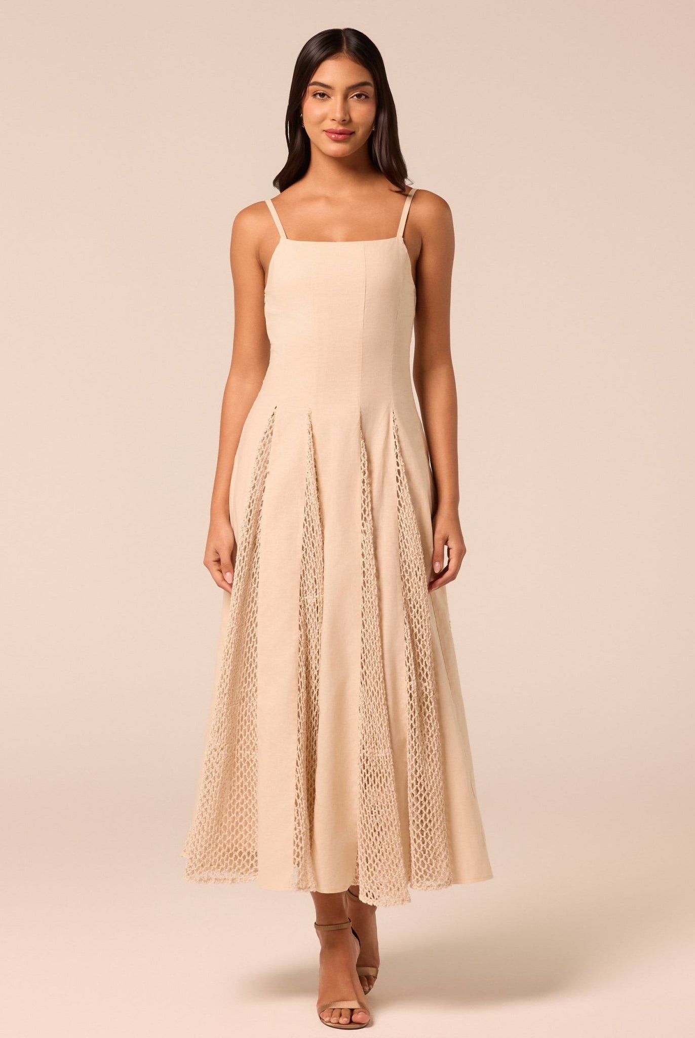 Beige Linen-Cotton Dress with Crochet Godets - shopaleena