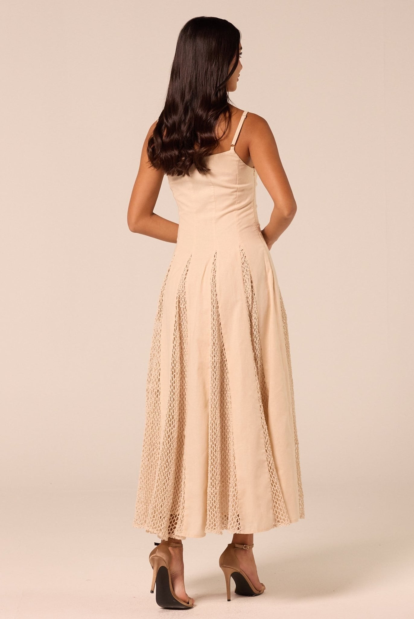 Beige Linen-Cotton Dress with Crochet Godets - shopaleena
