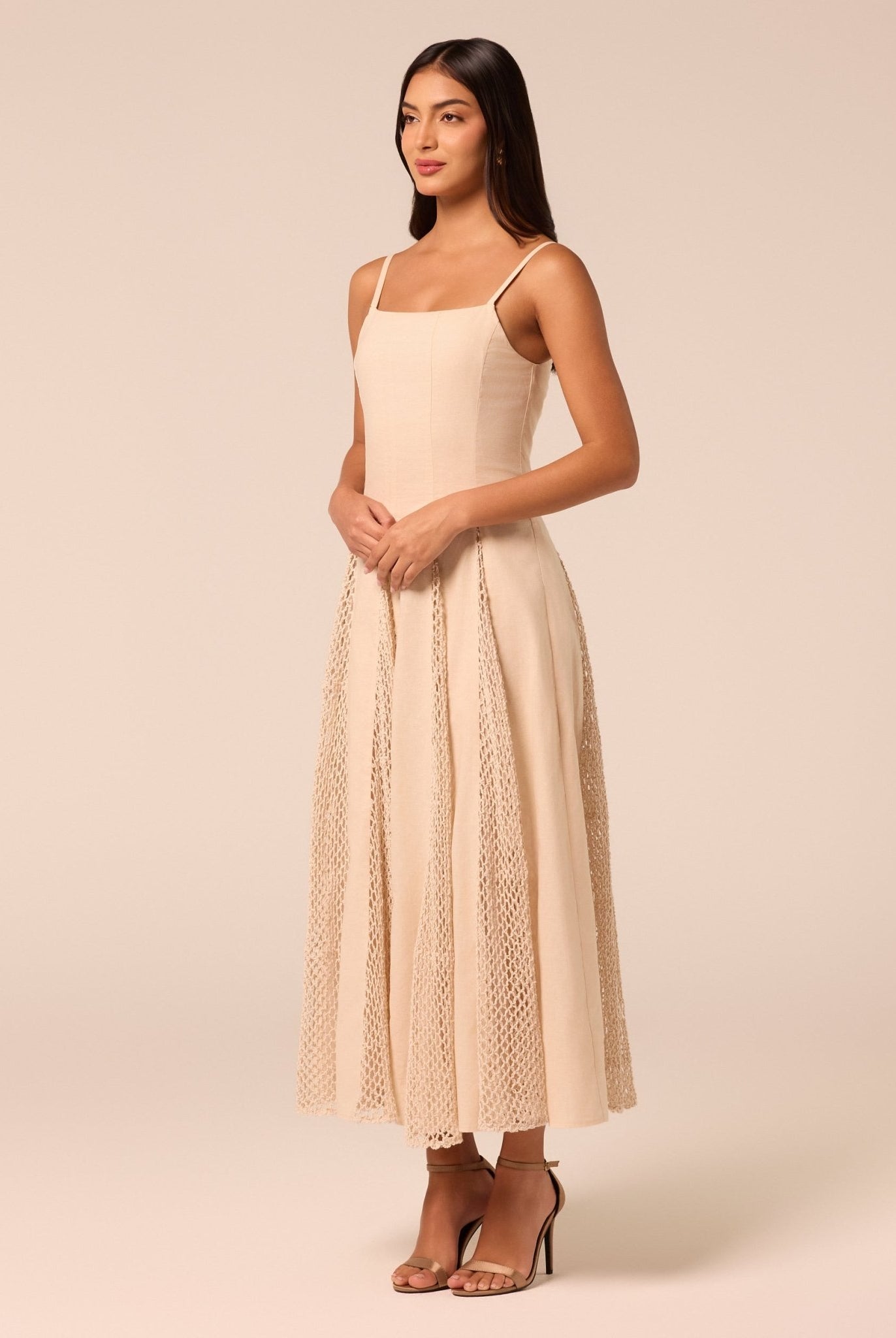 Beige Linen-Cotton Dress with Crochet Godets - shopaleena