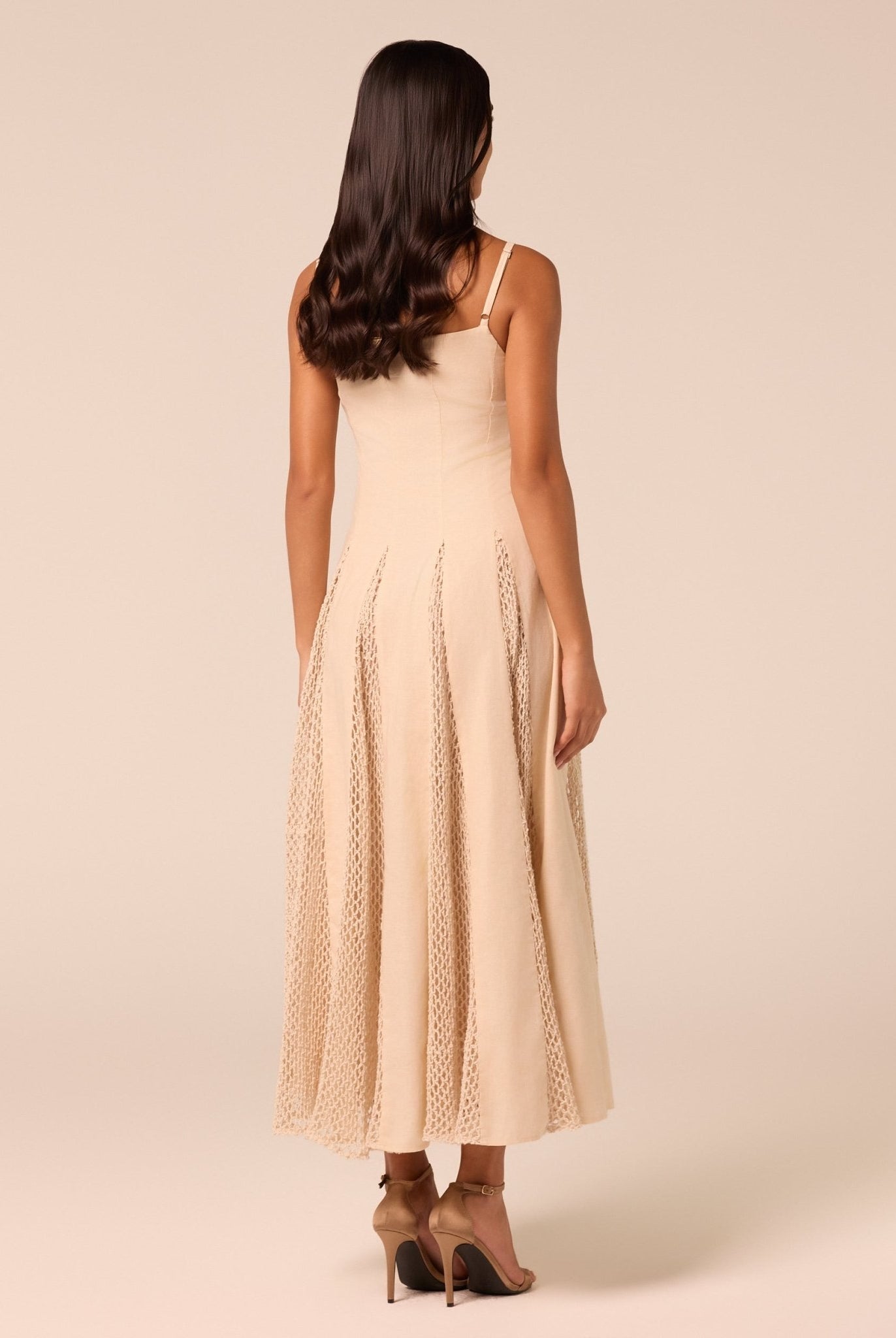 Beige Linen-Cotton Dress with Crochet Godets - shopaleena
