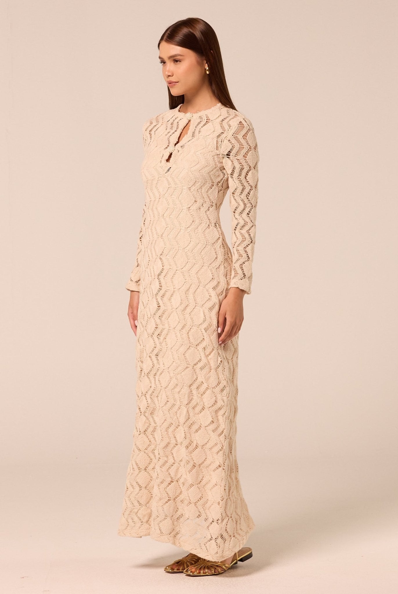 Beige Long Sleeve Knit Maxi Dress - shopaleena