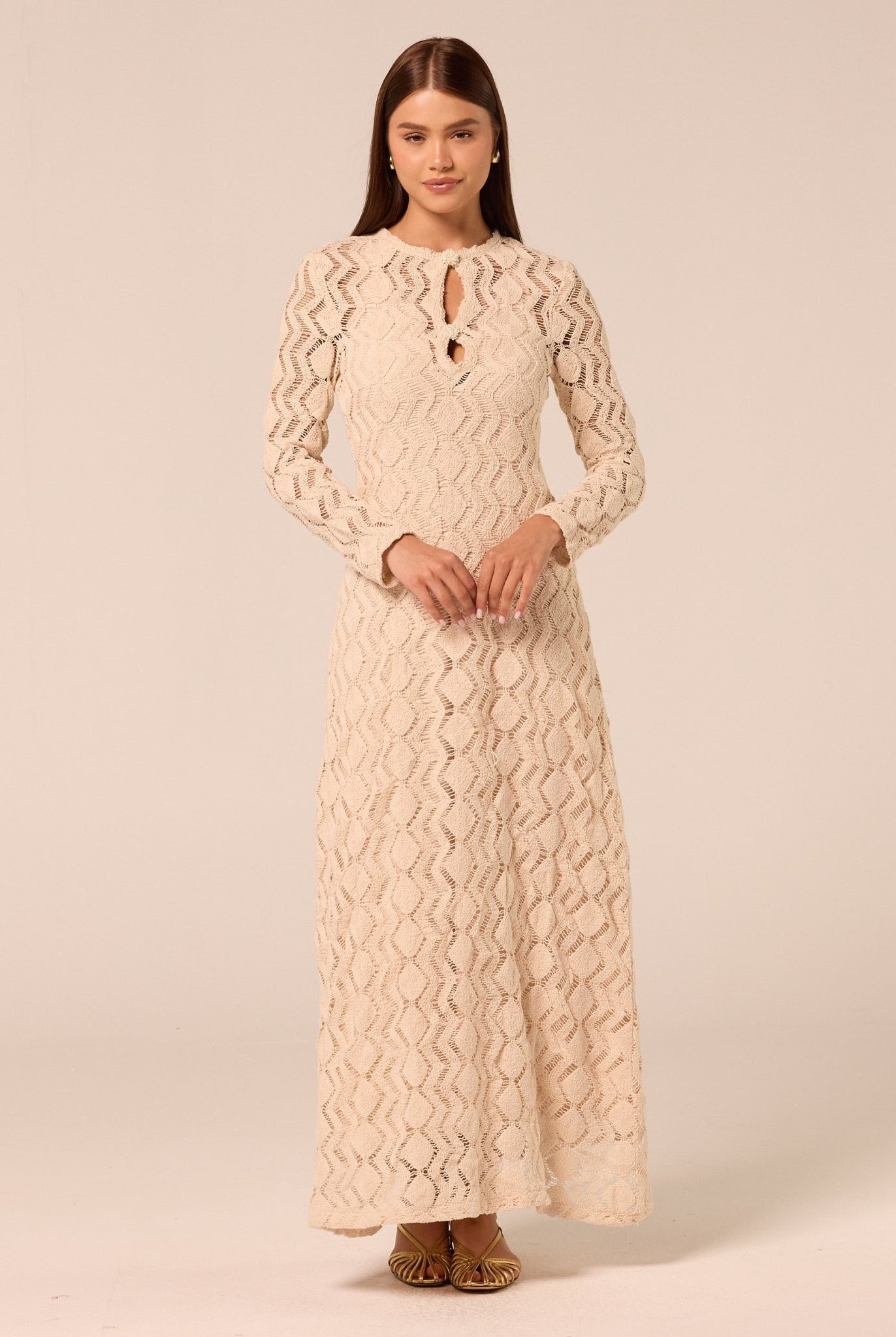 Beige Long Sleeve Knit Maxi Dress - shopaleena