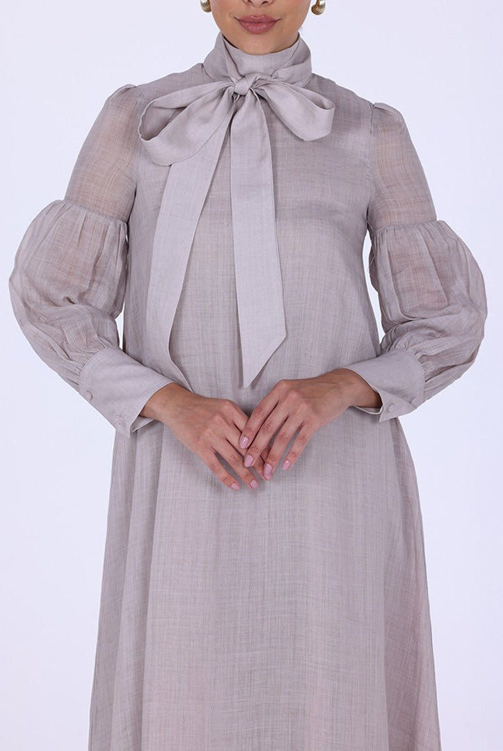 Beige Long Sleeve With Neck Bow Dress - shopaleena