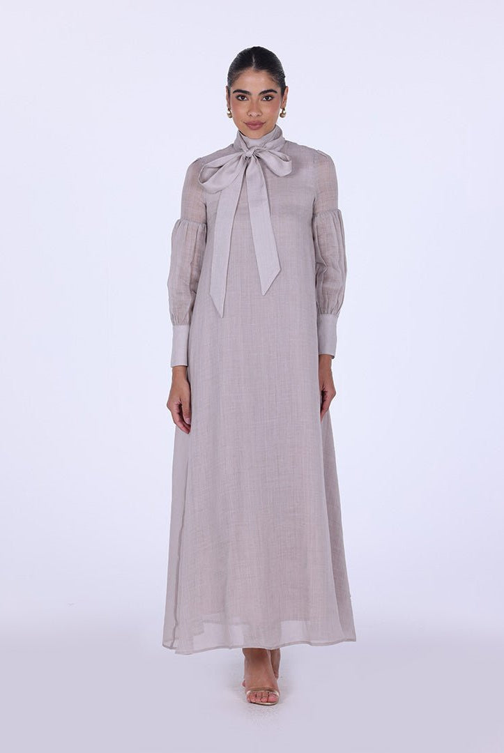 Beige Long Sleeve With Neck Bow Dress - shopaleena