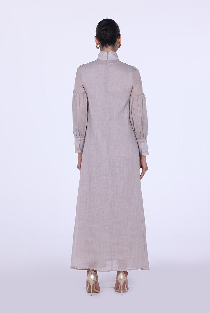 Beige Long Sleeve With Neck Bow Dress - shopaleena