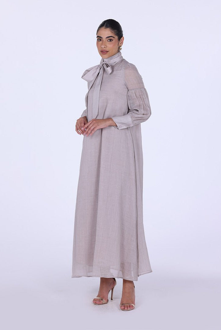 Beige Long Sleeve With Neck Bow Dress - shopaleena