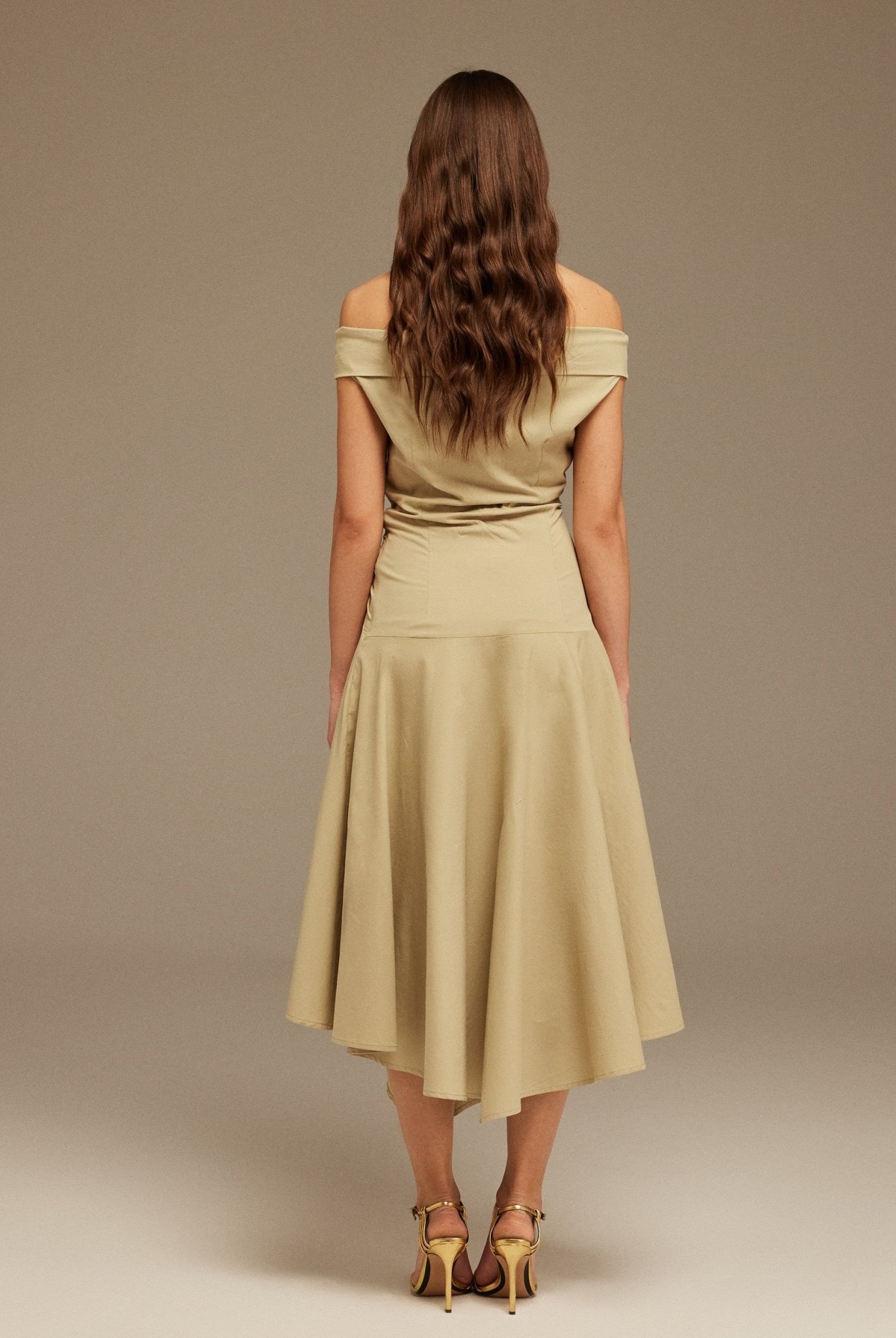 Beige Off - Shoulder Cotton Ruched Midi Dress - shopaleena