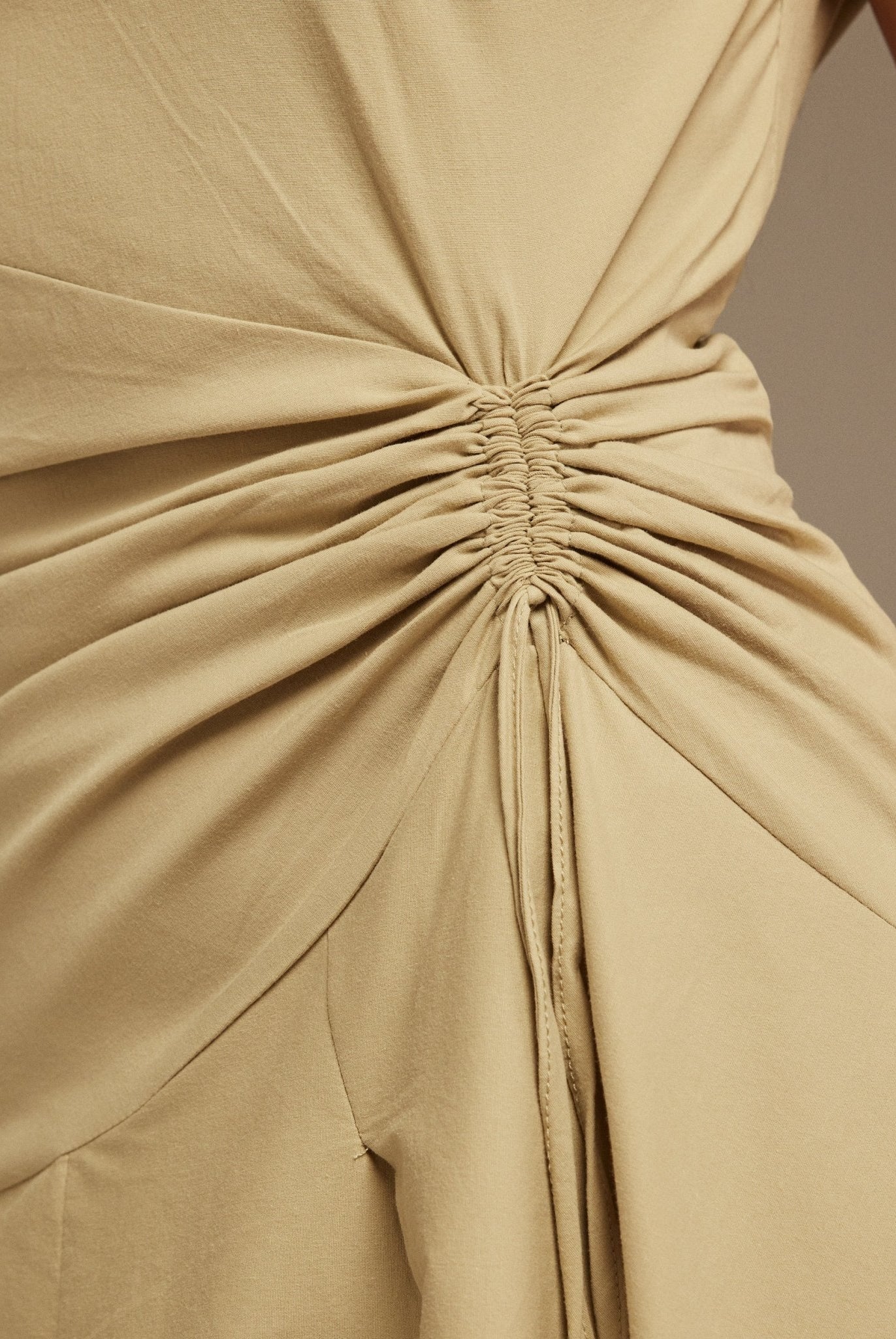 Beige Off - Shoulder Cotton Ruched Midi Dress - shopaleena