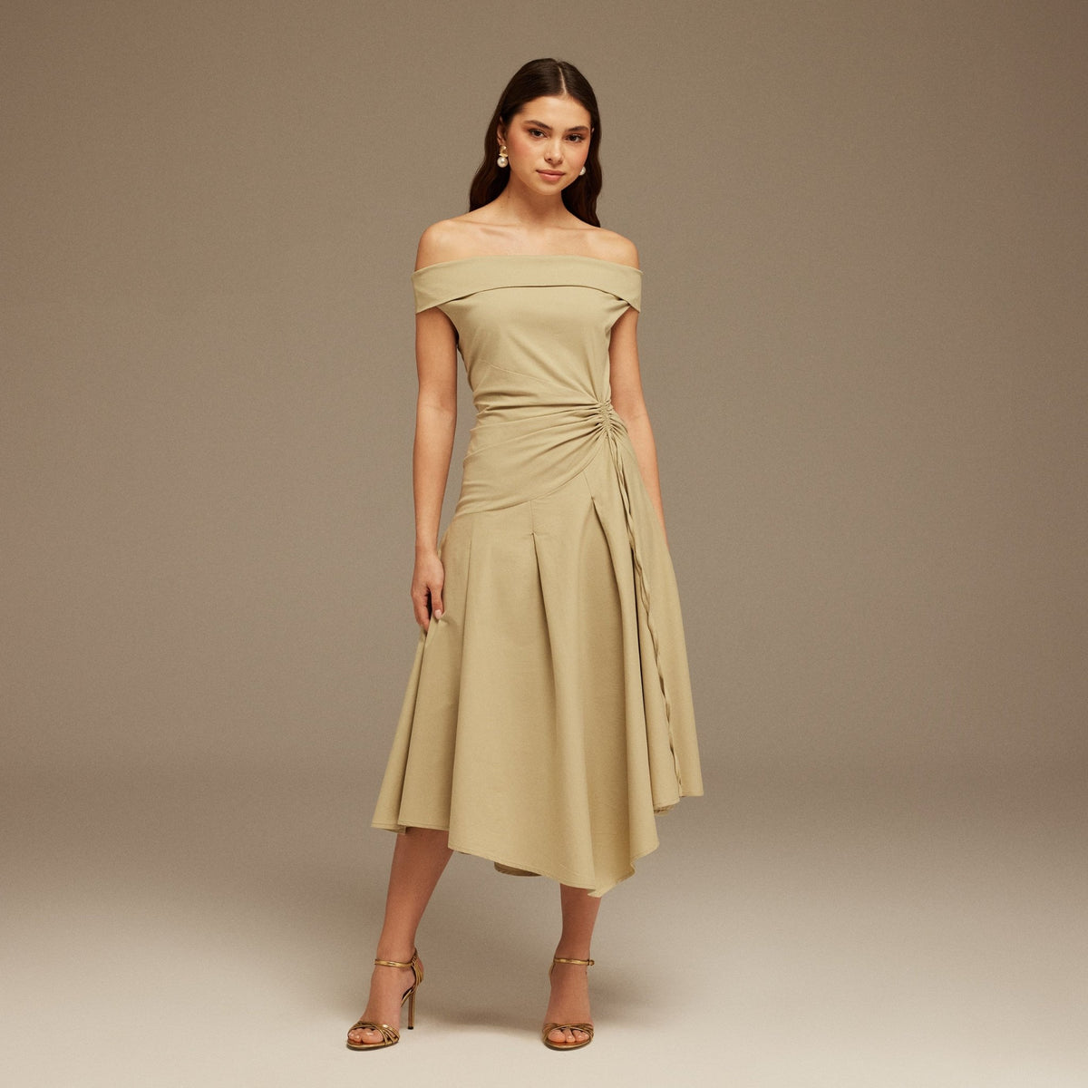 Beige Off-Shoulder Cotton Ruched Midi Dress – shopaleena