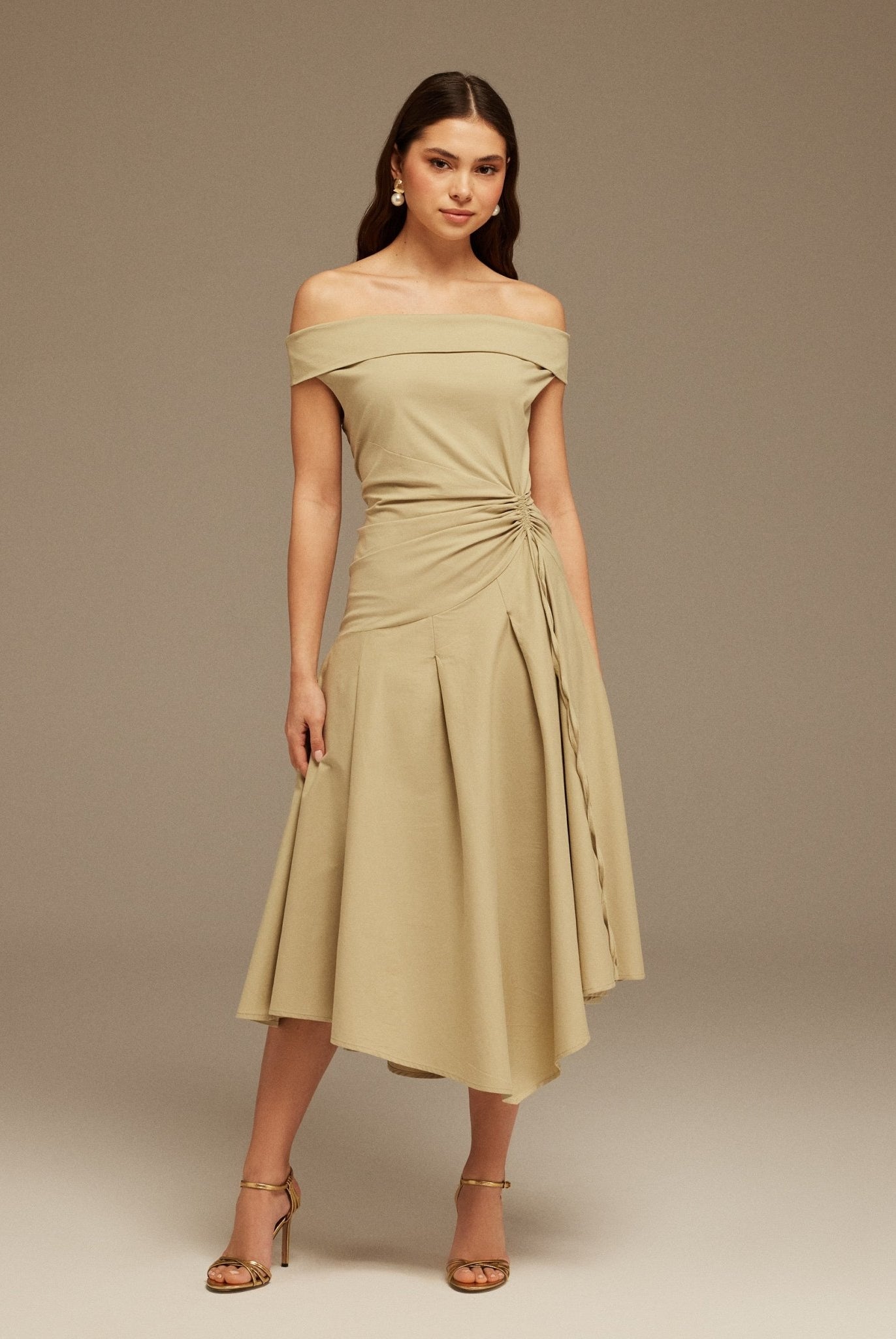 Beige Off - Shoulder Cotton Ruched Midi Dress - shopaleena