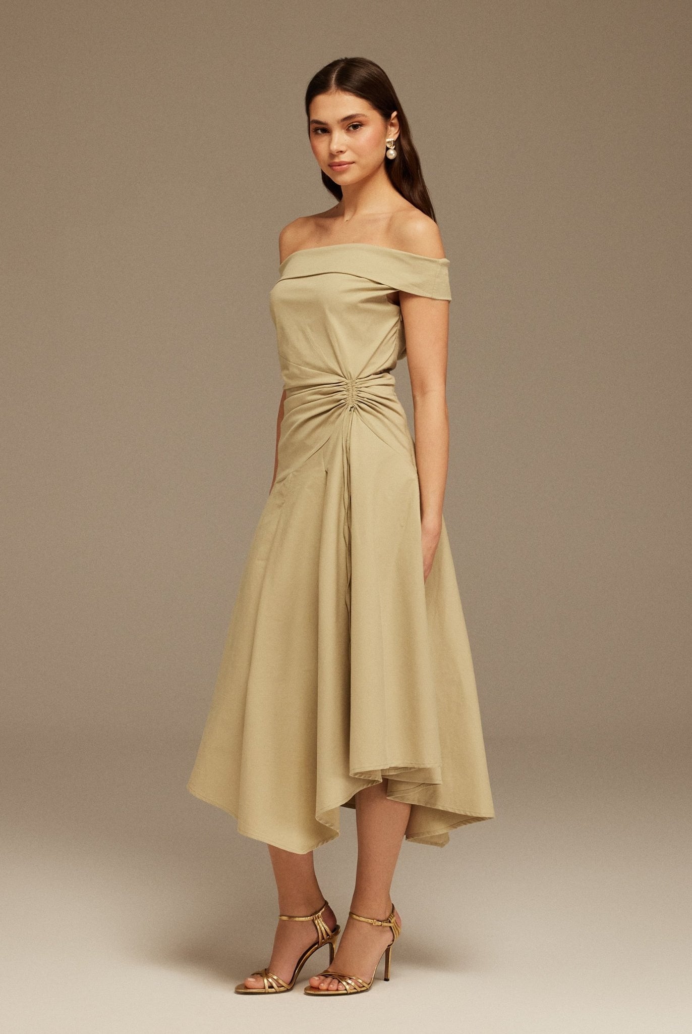 Beige Off - Shoulder Cotton Ruched Midi Dress - shopaleena