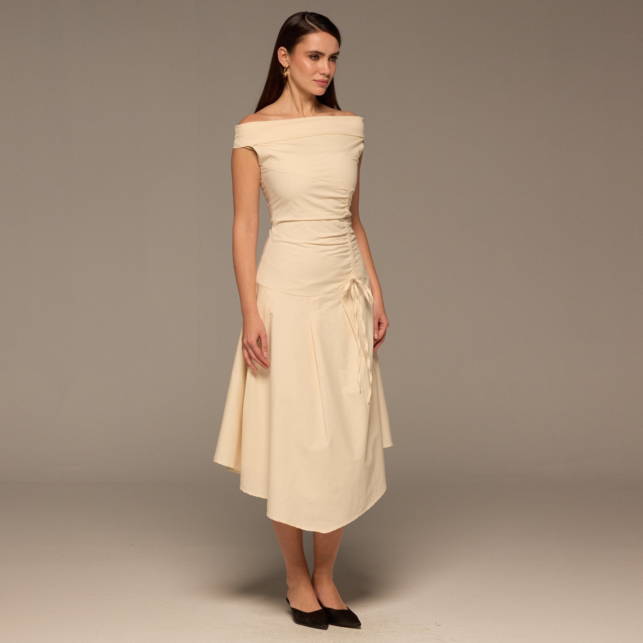Beige Off - Shoulder Ruched Midi Dress - shopaleena