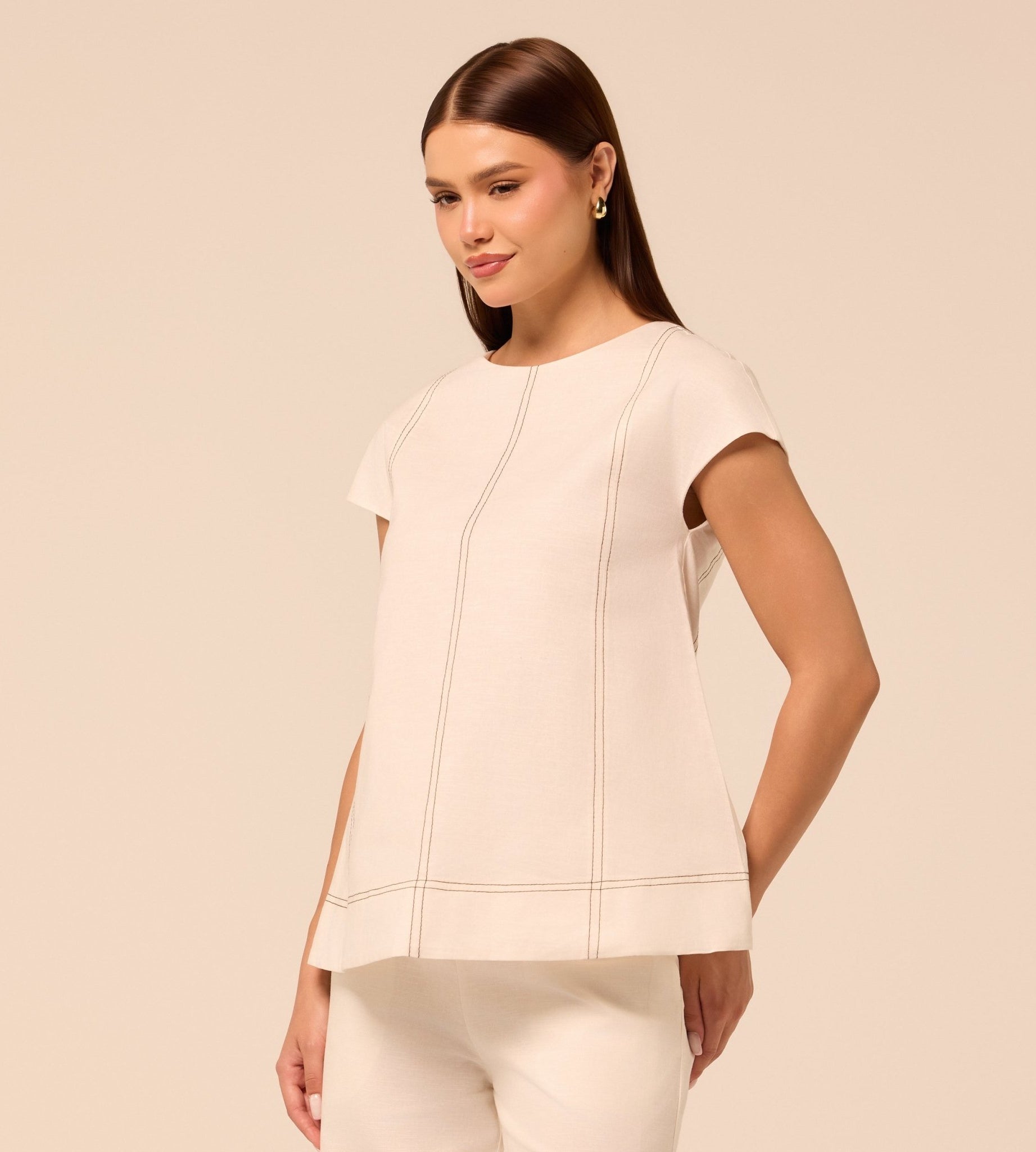 Beige Round Neck Cap Sleeve Top - shopaleena