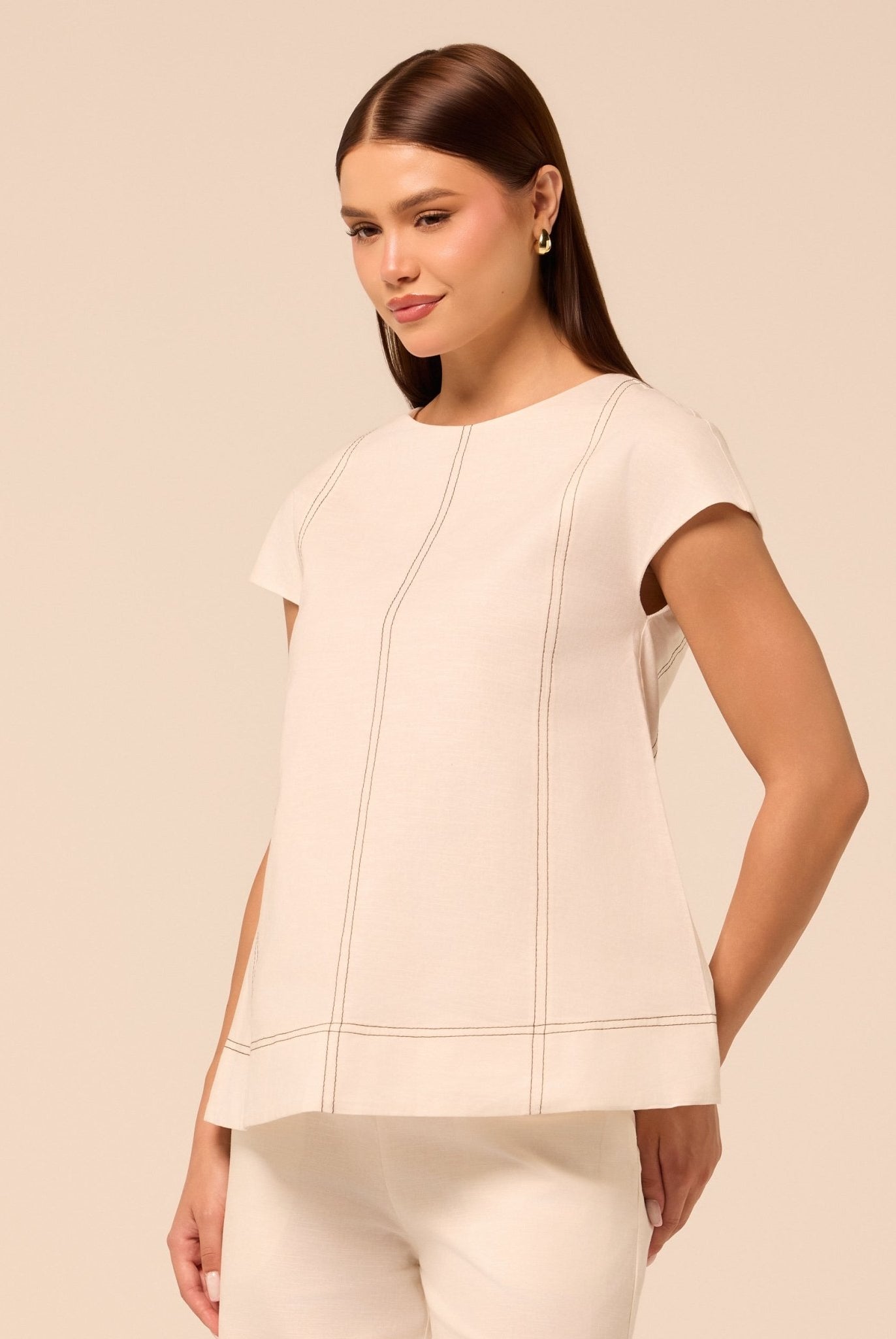 Beige Round Neck Cap Sleeve Top - shopaleena
