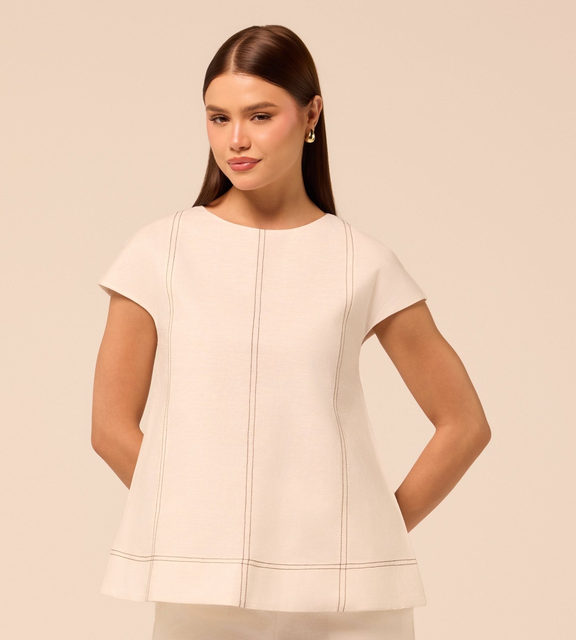 Beige Round Neck Cap Sleeve Top - shopaleena