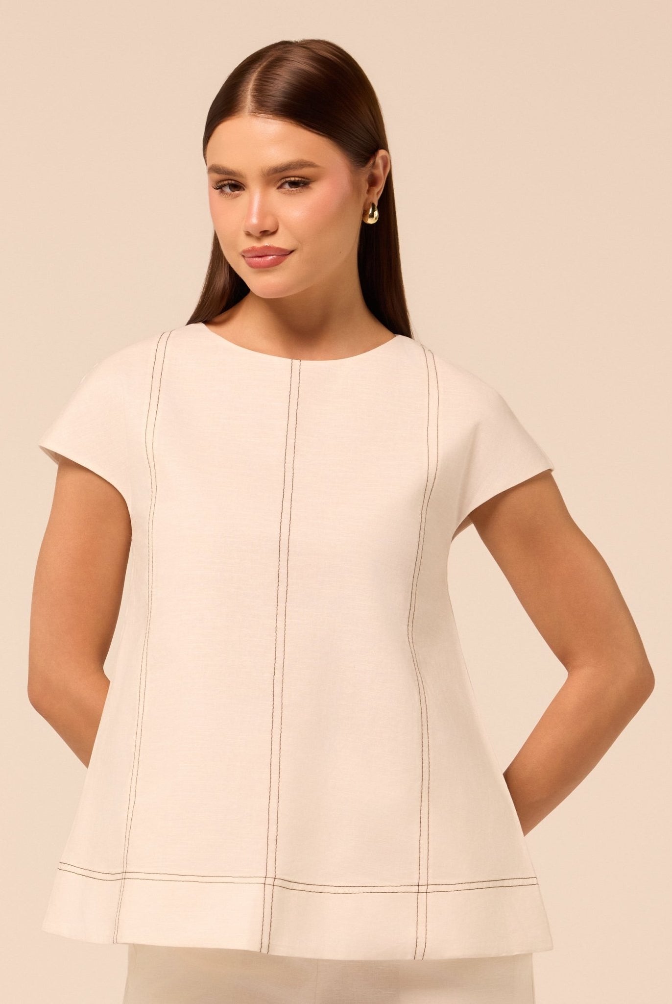 Beige Round Neck Cap Sleeve Top - shopaleena
