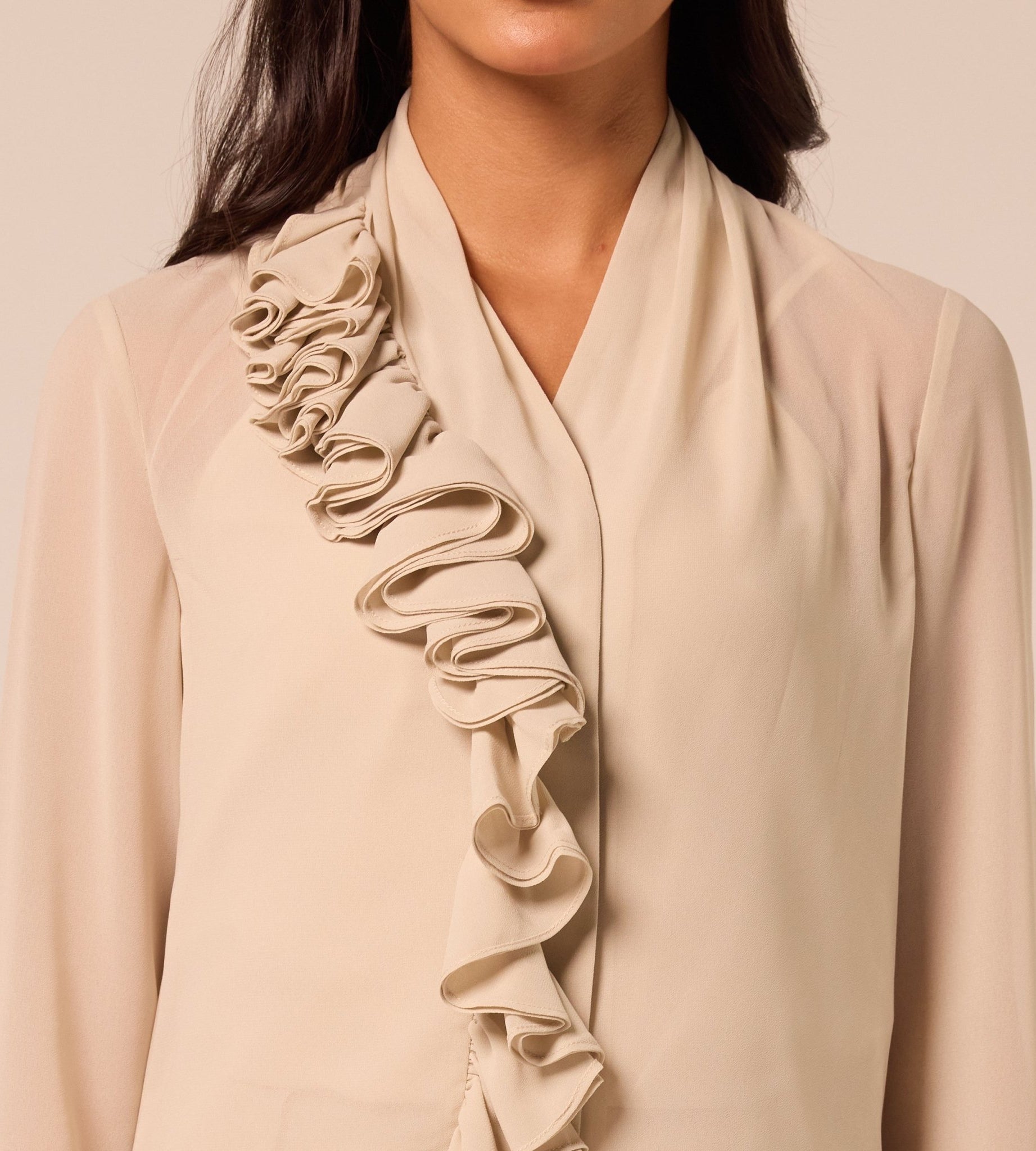 Beige Ruffle Long Sleeve Blouse - shopaleena
