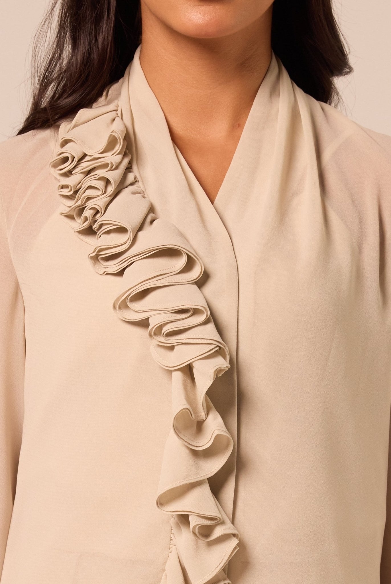 Beige Ruffle Long Sleeve Blouse - shopaleena