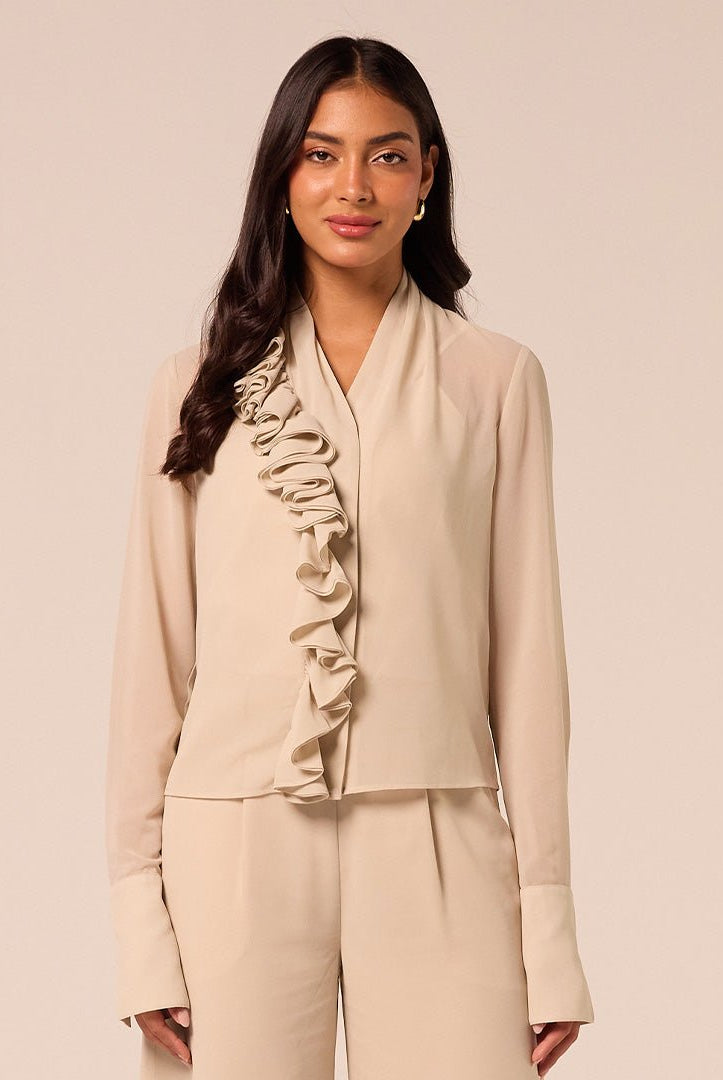 Beige Ruffle Long Sleeve Blouse - shopaleena