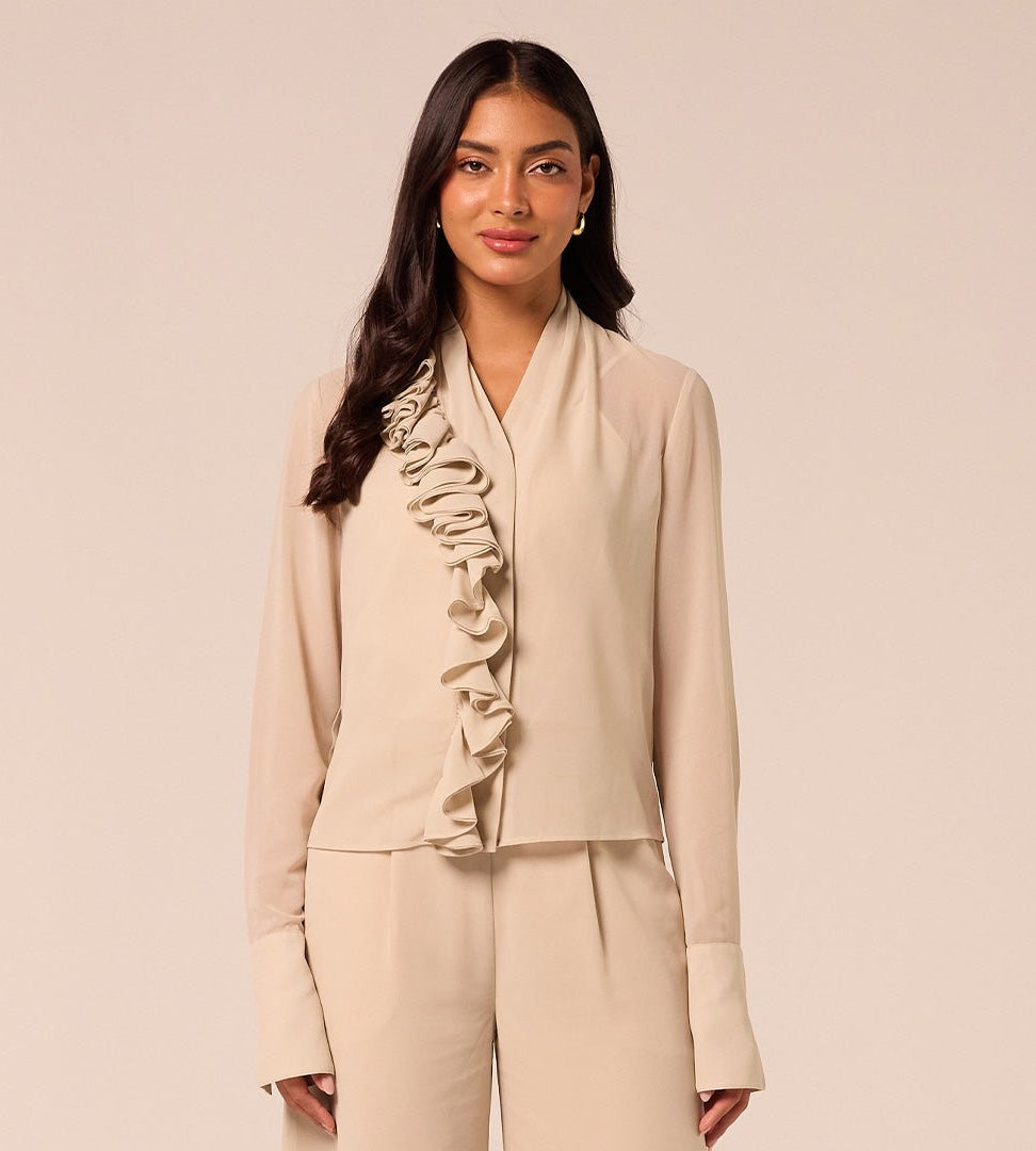 Beige Ruffle Long Sleeve Blouse - shopaleena