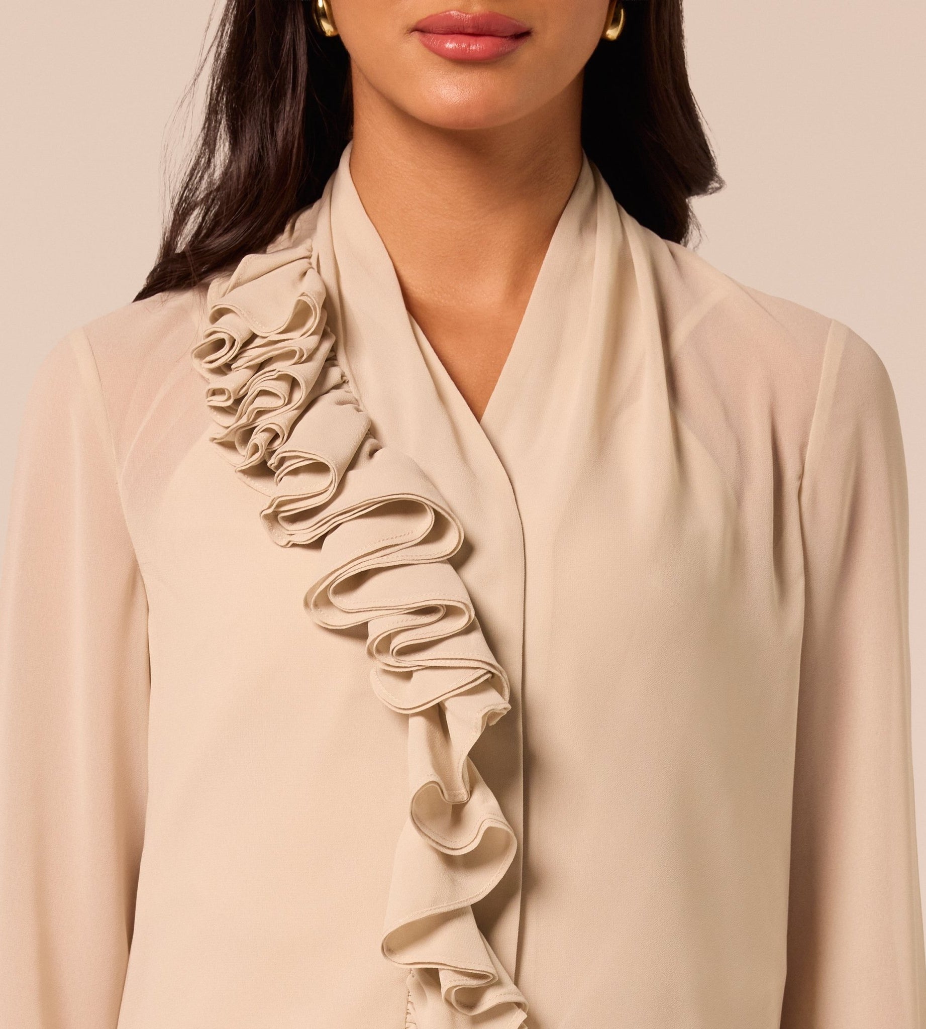 Beige Ruffle Long Sleeve Blouse - shopaleena