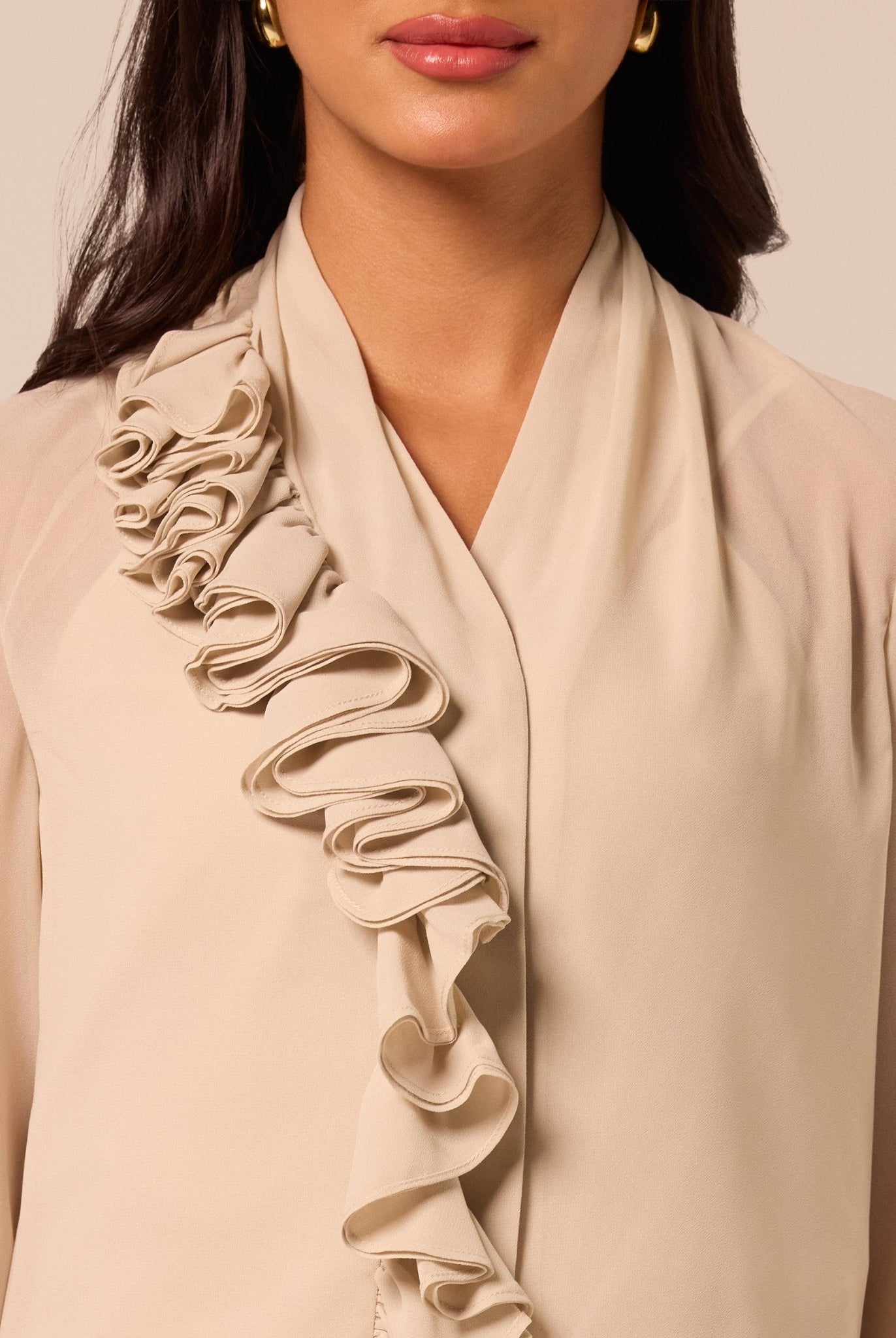 Beige Ruffle Long Sleeve Blouse - shopaleena