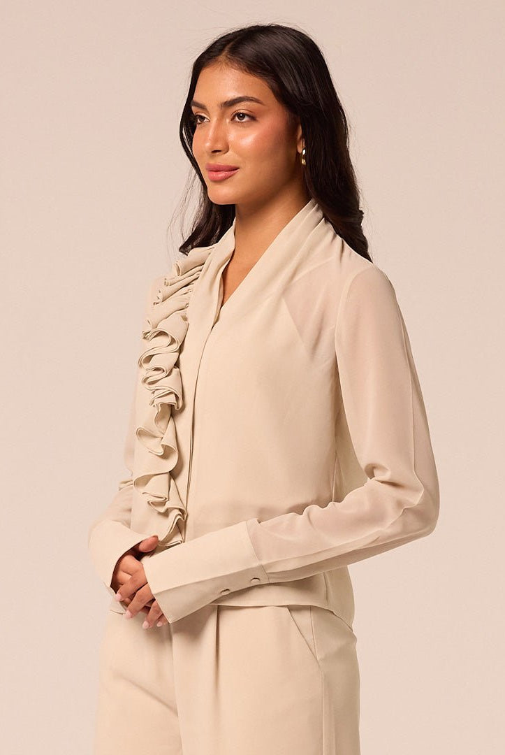 Beige Ruffle Long Sleeve Blouse - shopaleena