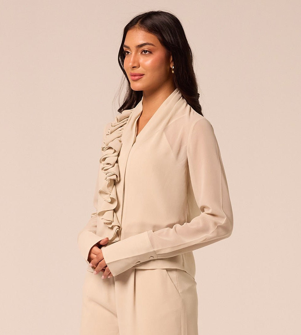Beige Ruffle Long Sleeve Blouse - shopaleena