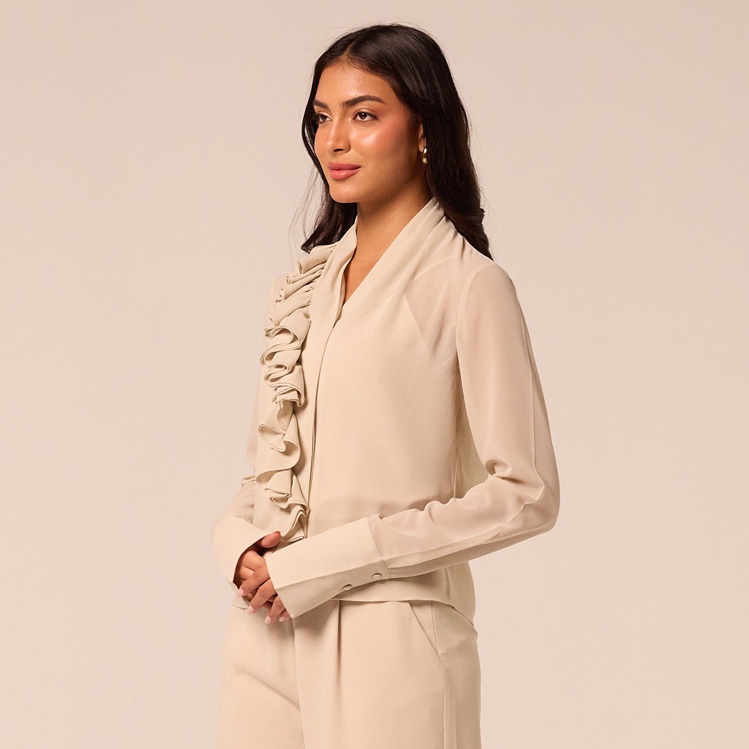 Beige Ruffle Long Sleeve Blouse - shopaleena