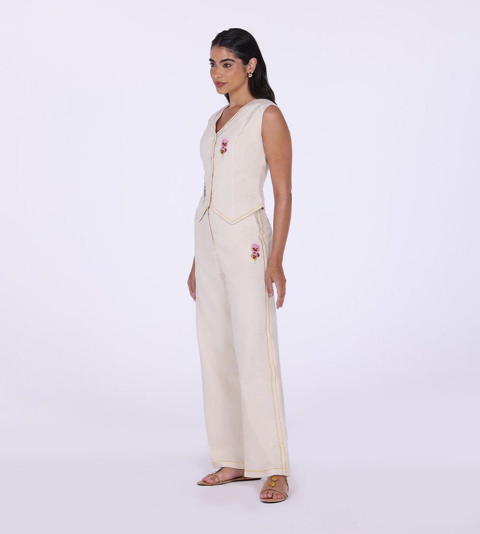 Beige Sleeveless Embroidered Linen V - Neck Vest - shopaleena
