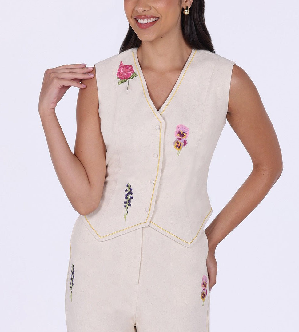 Beige Sleeveless Embroidered Linen V - Neck Vest - shopaleena