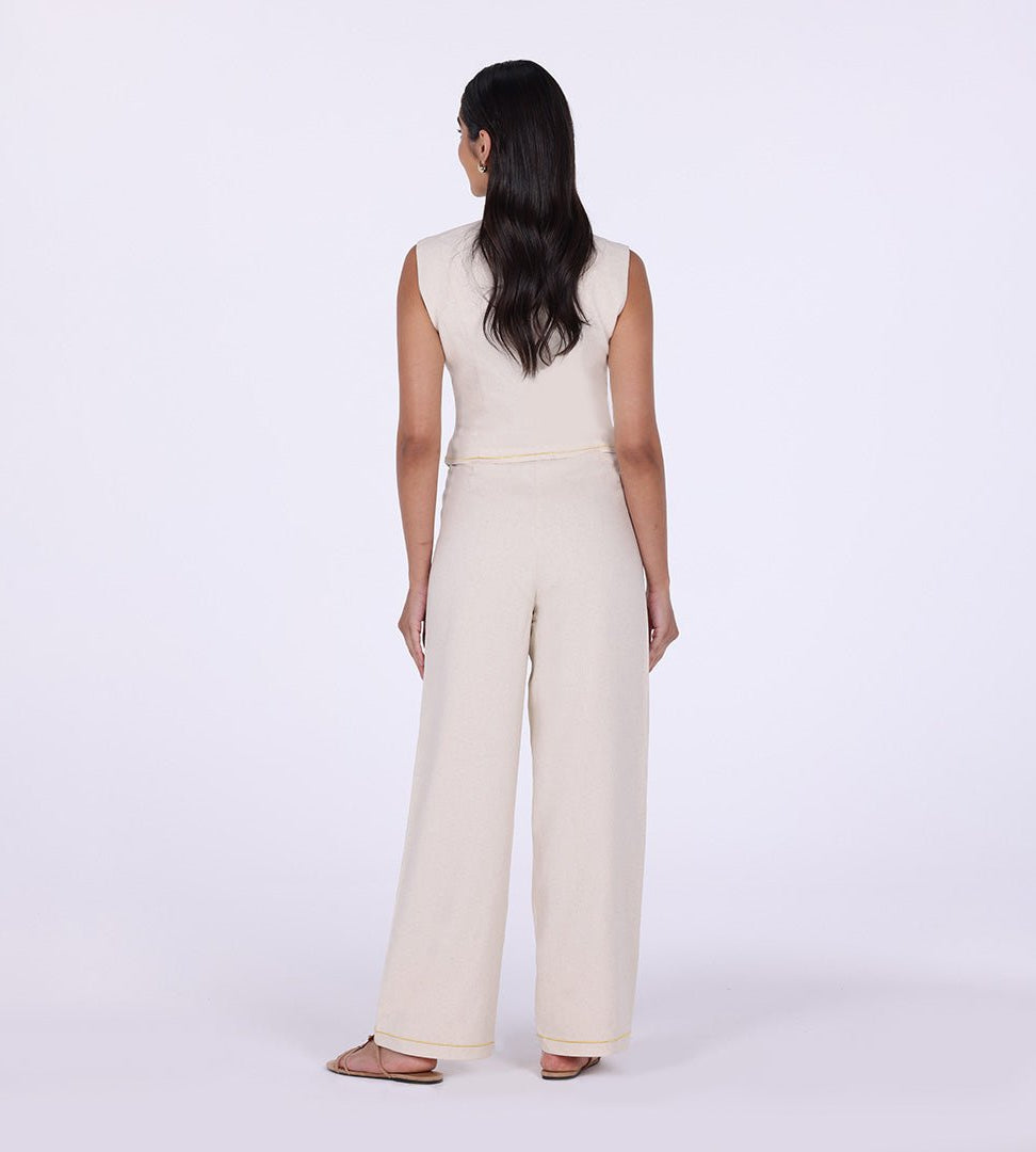 Beige Sleeveless Embroidered Linen V - Neck Vest - shopaleena