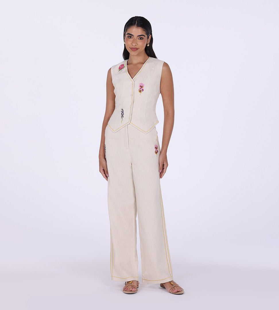 Beige Sleeveless Embroidered Linen V - Neck Vest - shopaleena