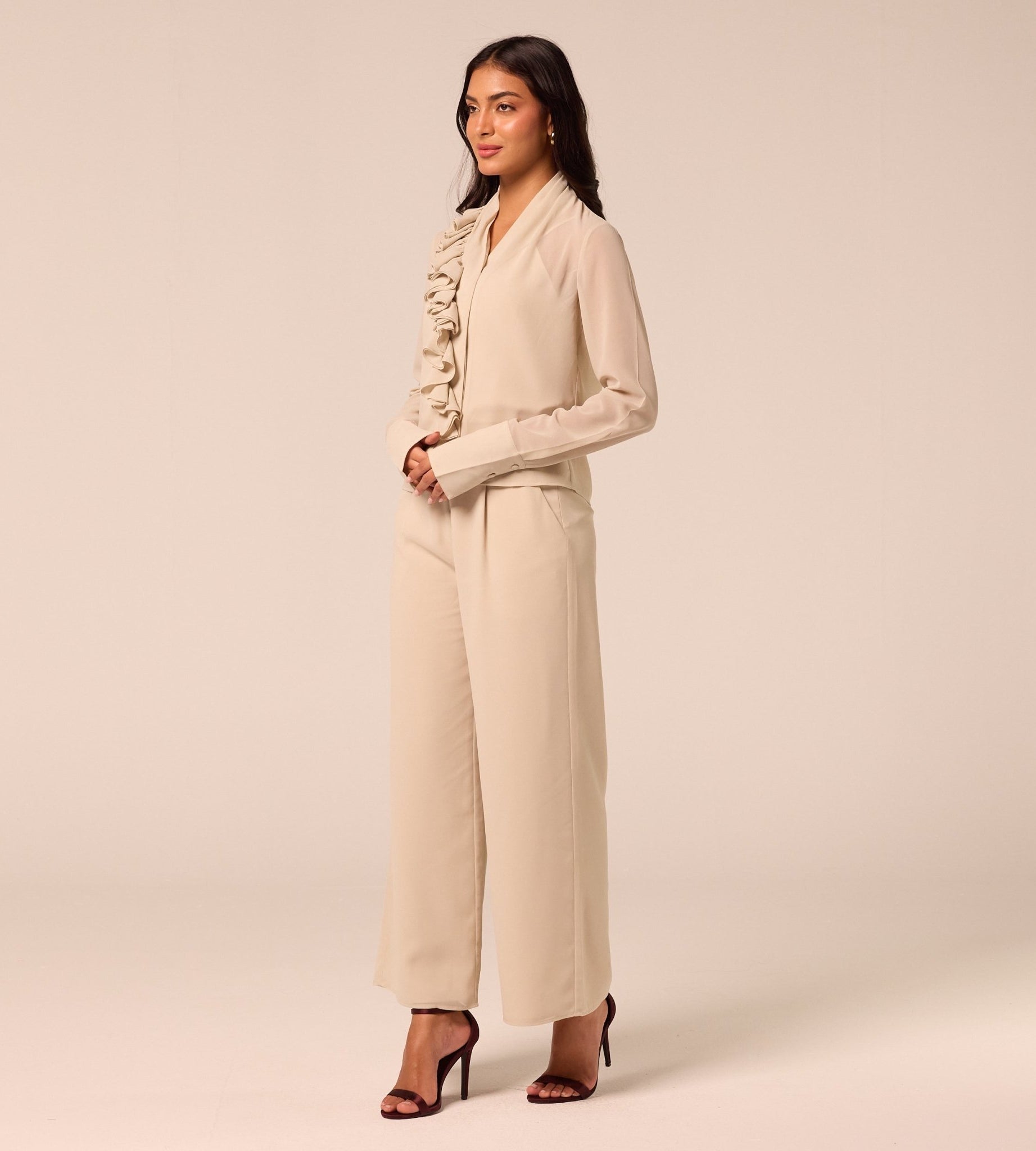 Beige Wide Leg Chiffon Pants - shopaleena