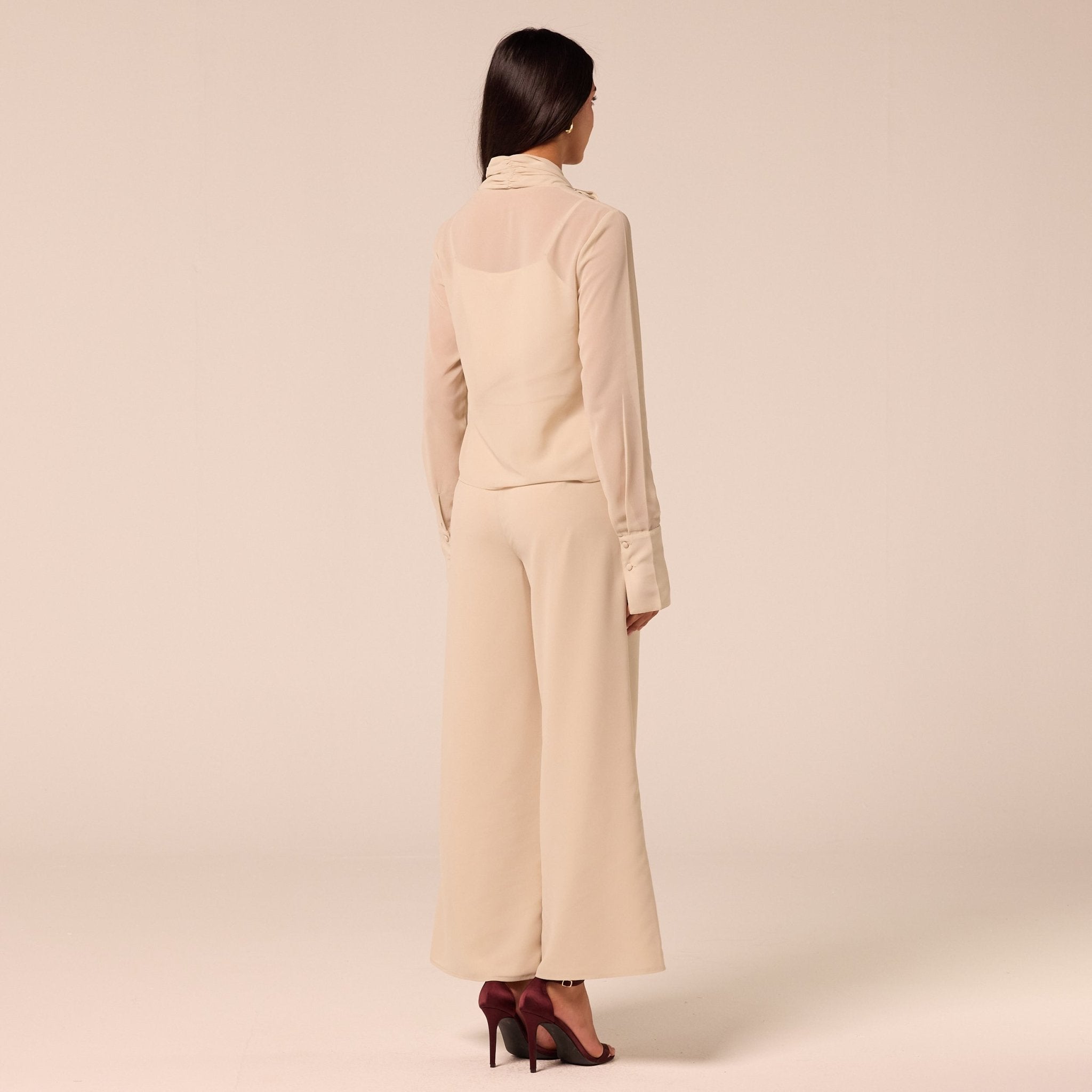 Beige Wide Leg Chiffon Pants - shopaleena