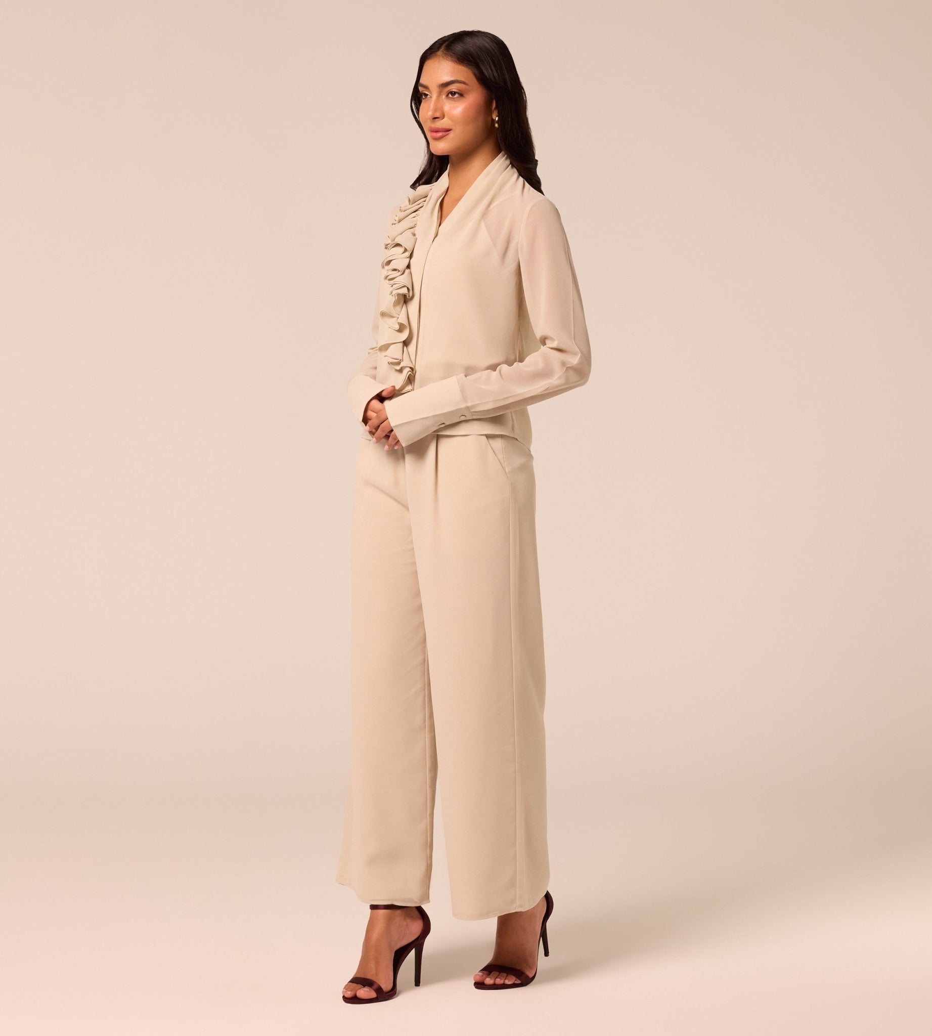 Beige Wide Leg Chiffon Pants - shopaleena