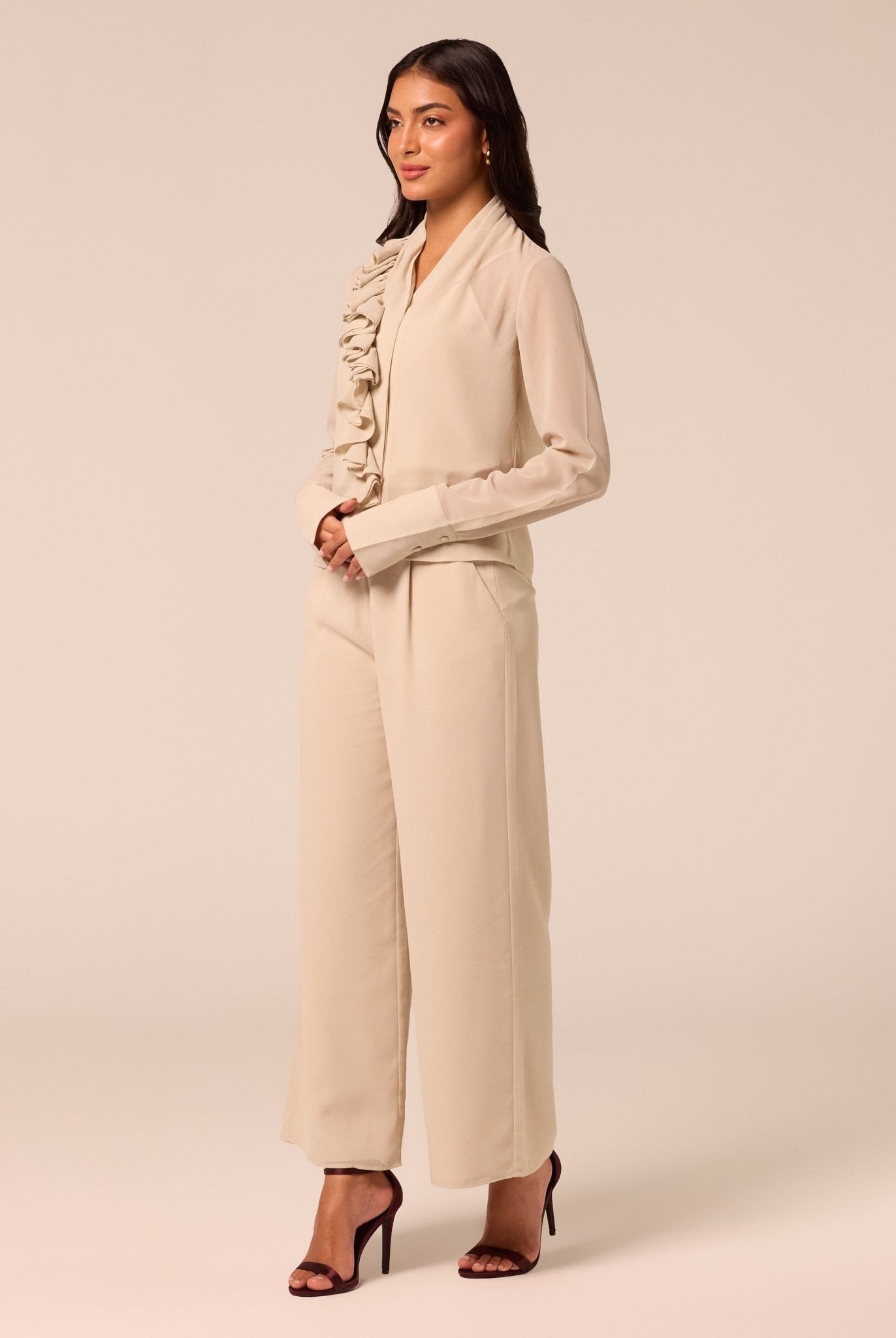 Beige Wide Leg Chiffon Pants - shopaleena