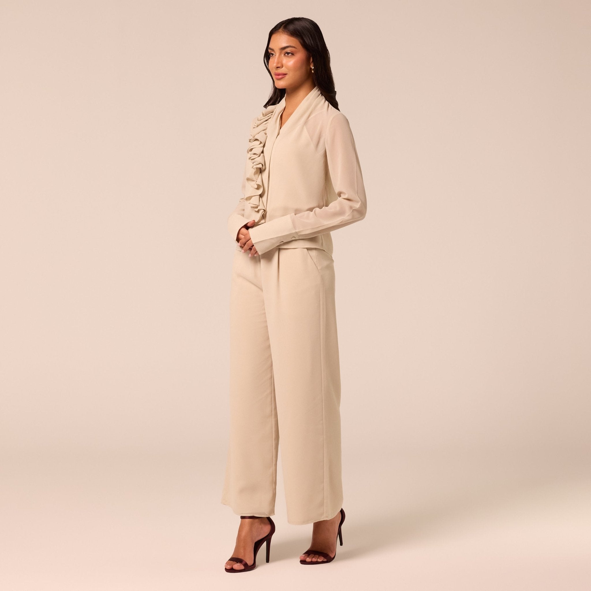 Beige Wide Leg Chiffon Pants - shopaleena