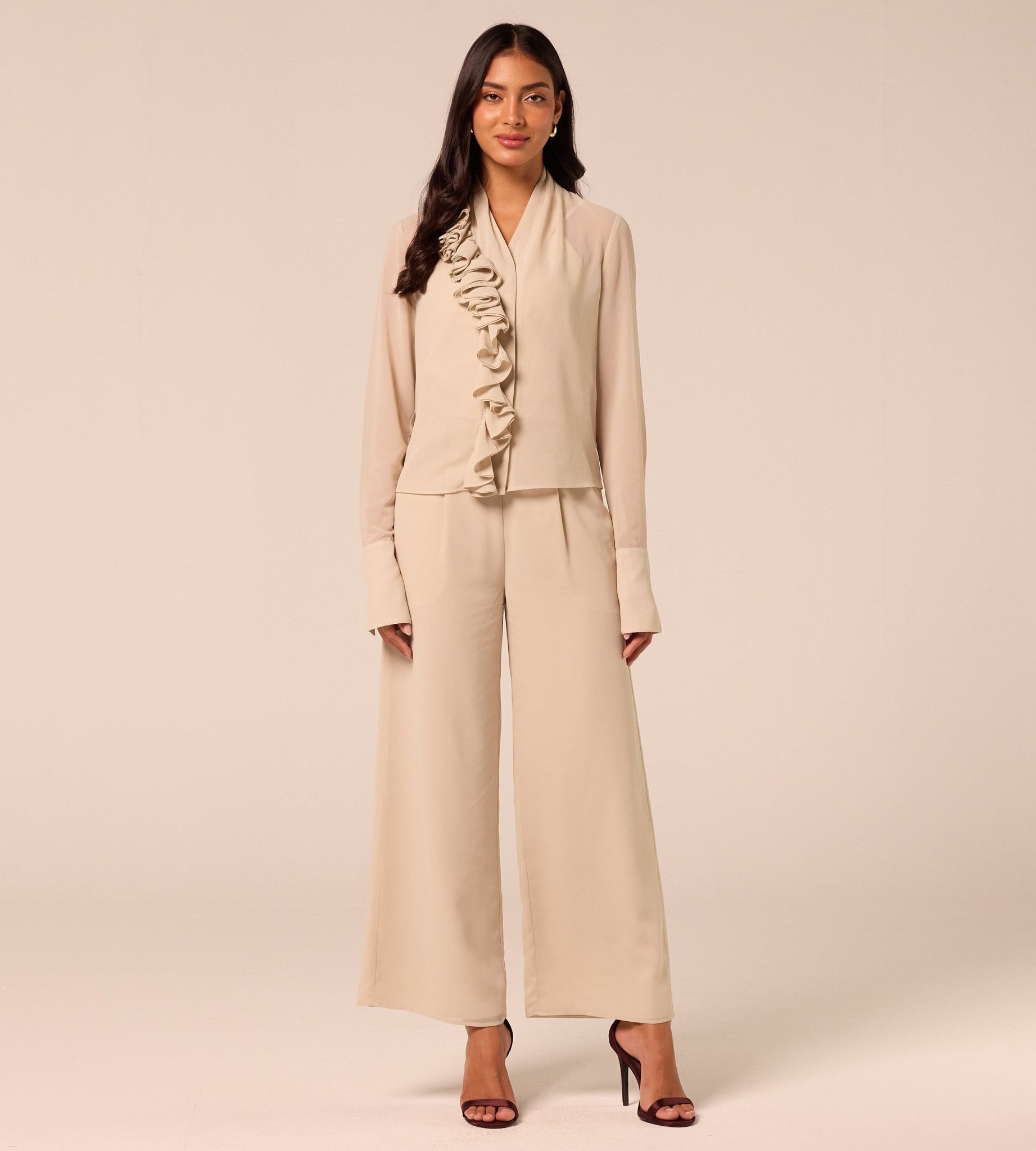 Beige Wide Leg Chiffon Pants - shopaleena