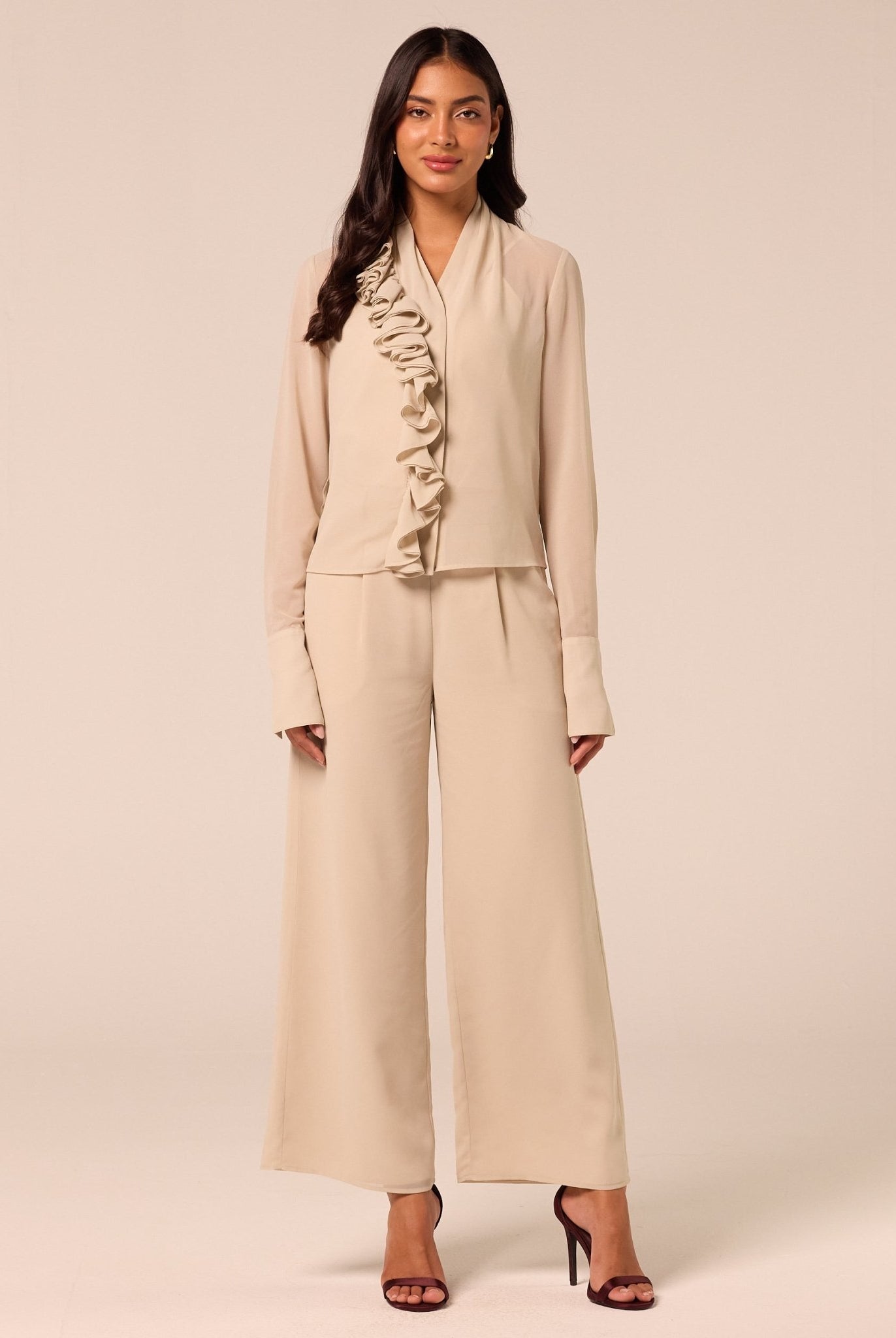 Beige Wide Leg Chiffon Pants - shopaleena