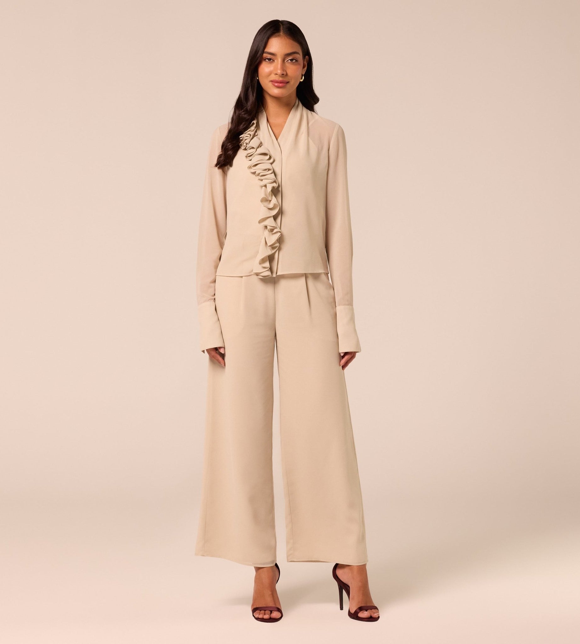 Beige Wide Leg Chiffon Pants - shopaleena