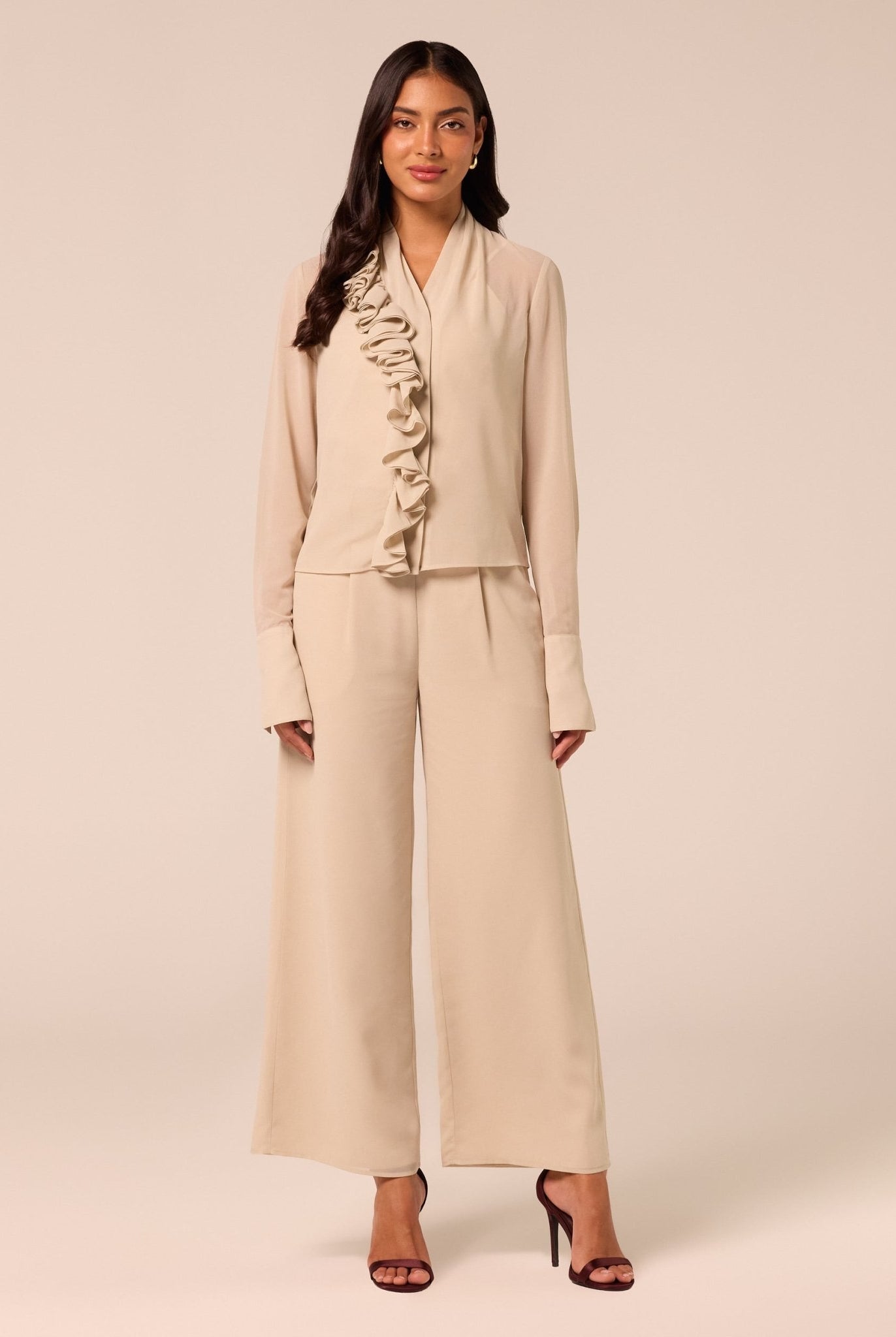 Beige Wide Leg Chiffon Pants - shopaleena