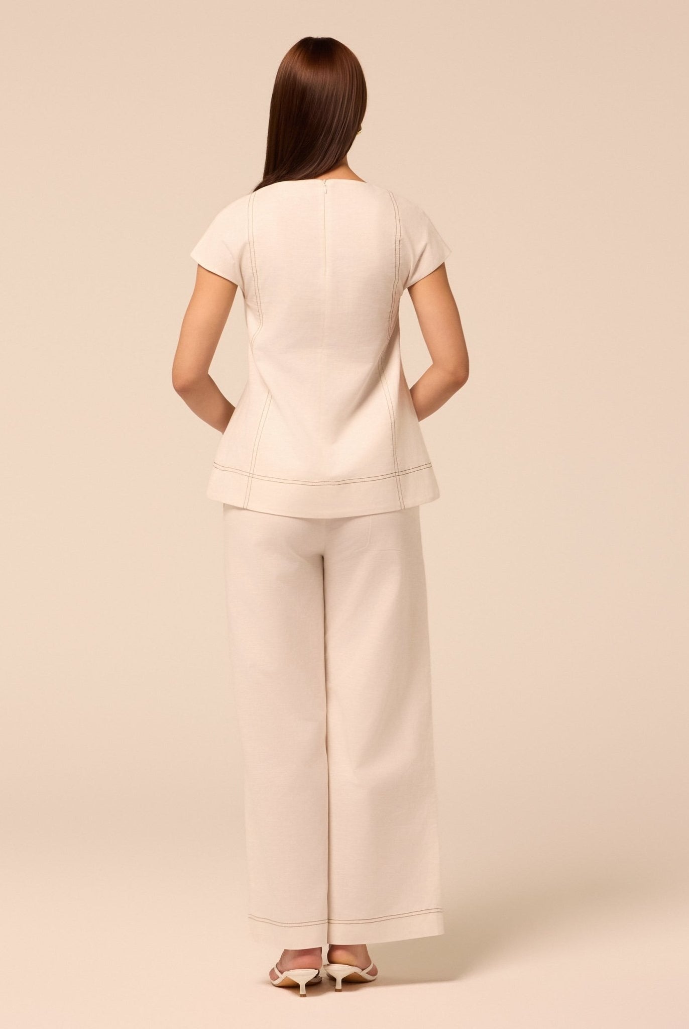 Beige Wide Leg Pants with Contrast Stitching - shopaleena