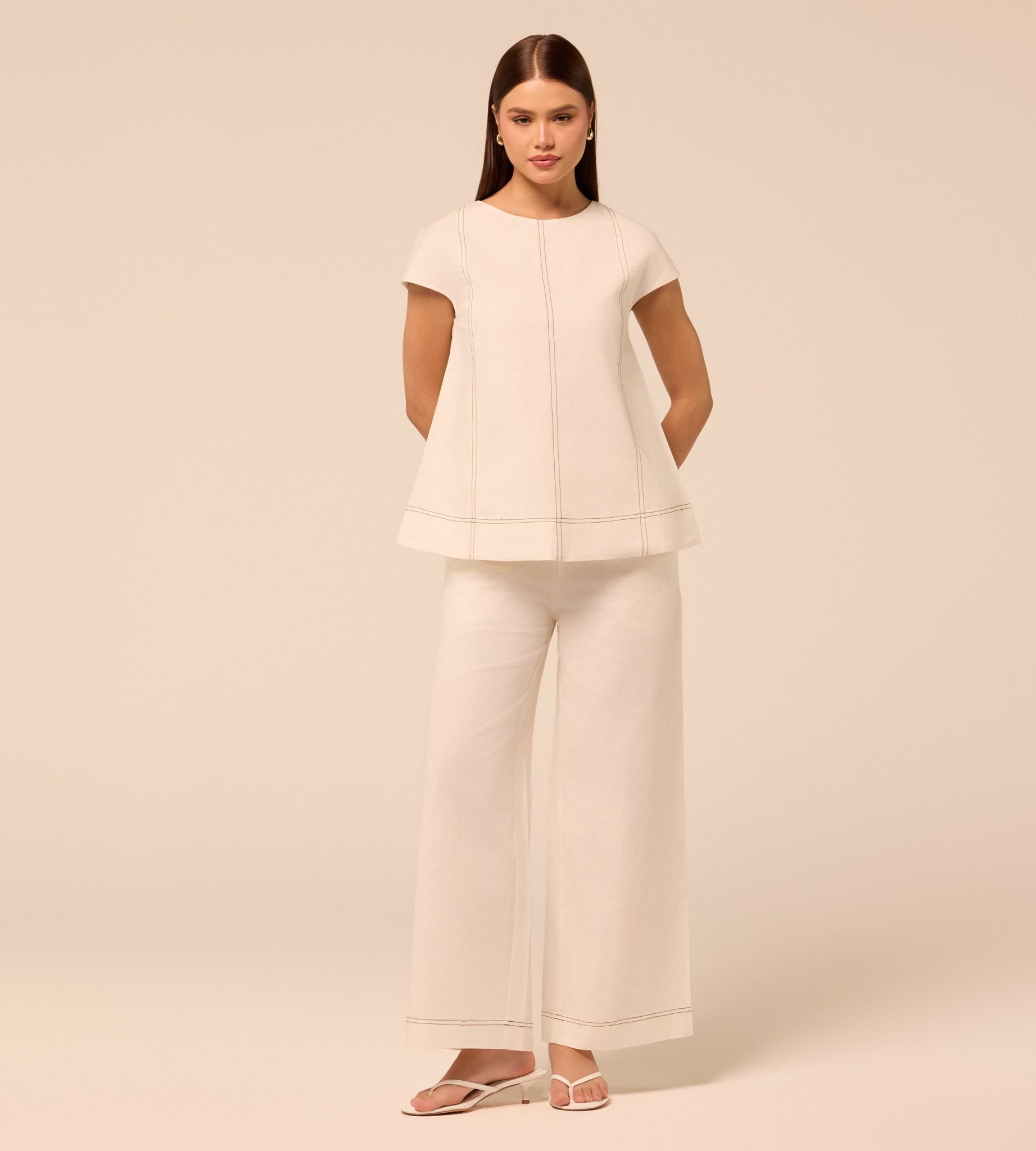 Beige Wide Leg Pants with Contrast Stitching - shopaleena