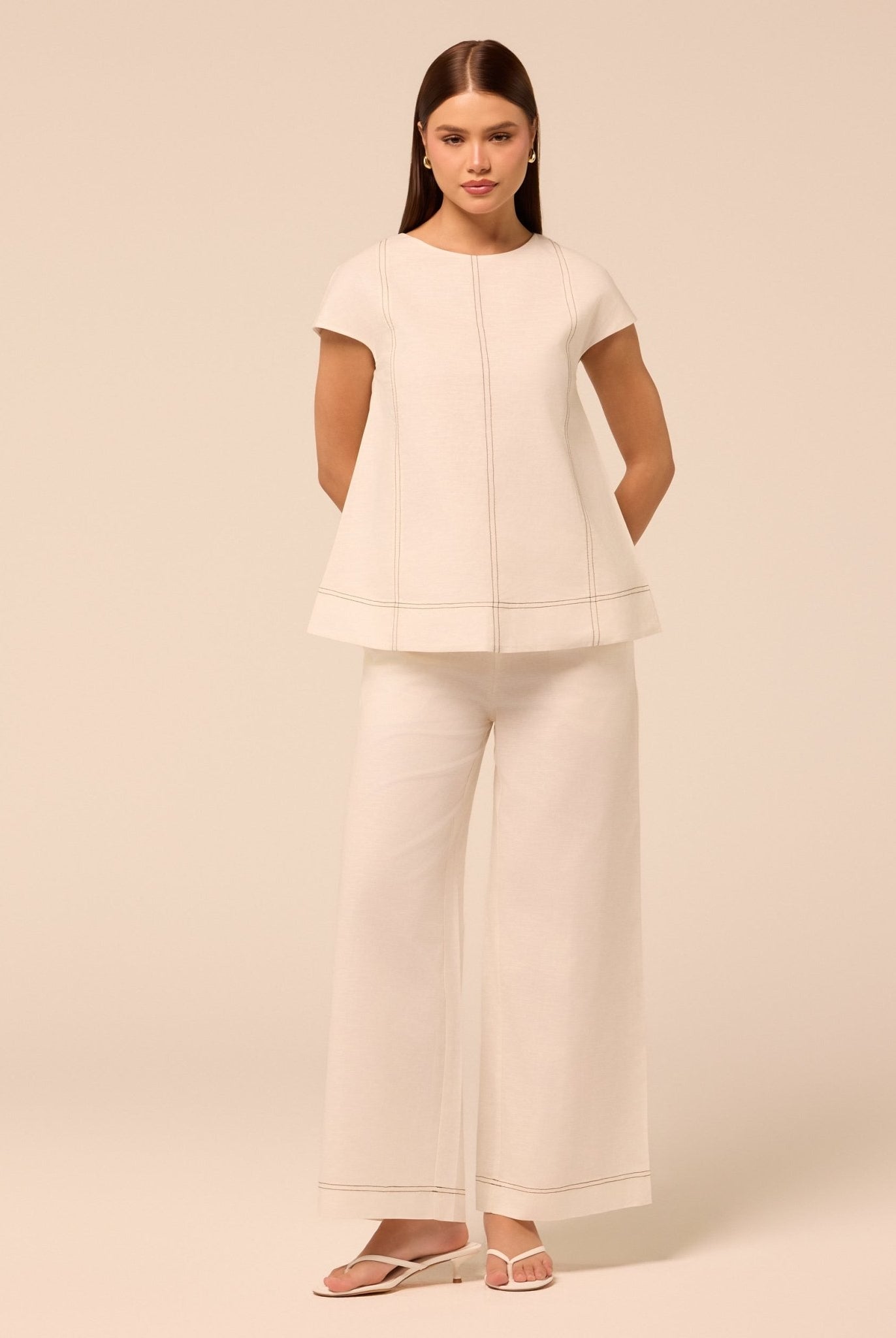 Beige Wide Leg Pants with Contrast Stitching - shopaleena
