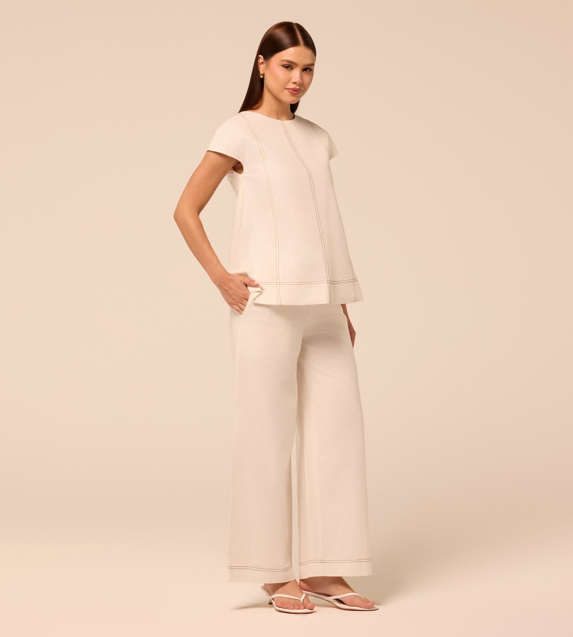 Beige Wide Leg Pants with Contrast Stitching - shopaleena