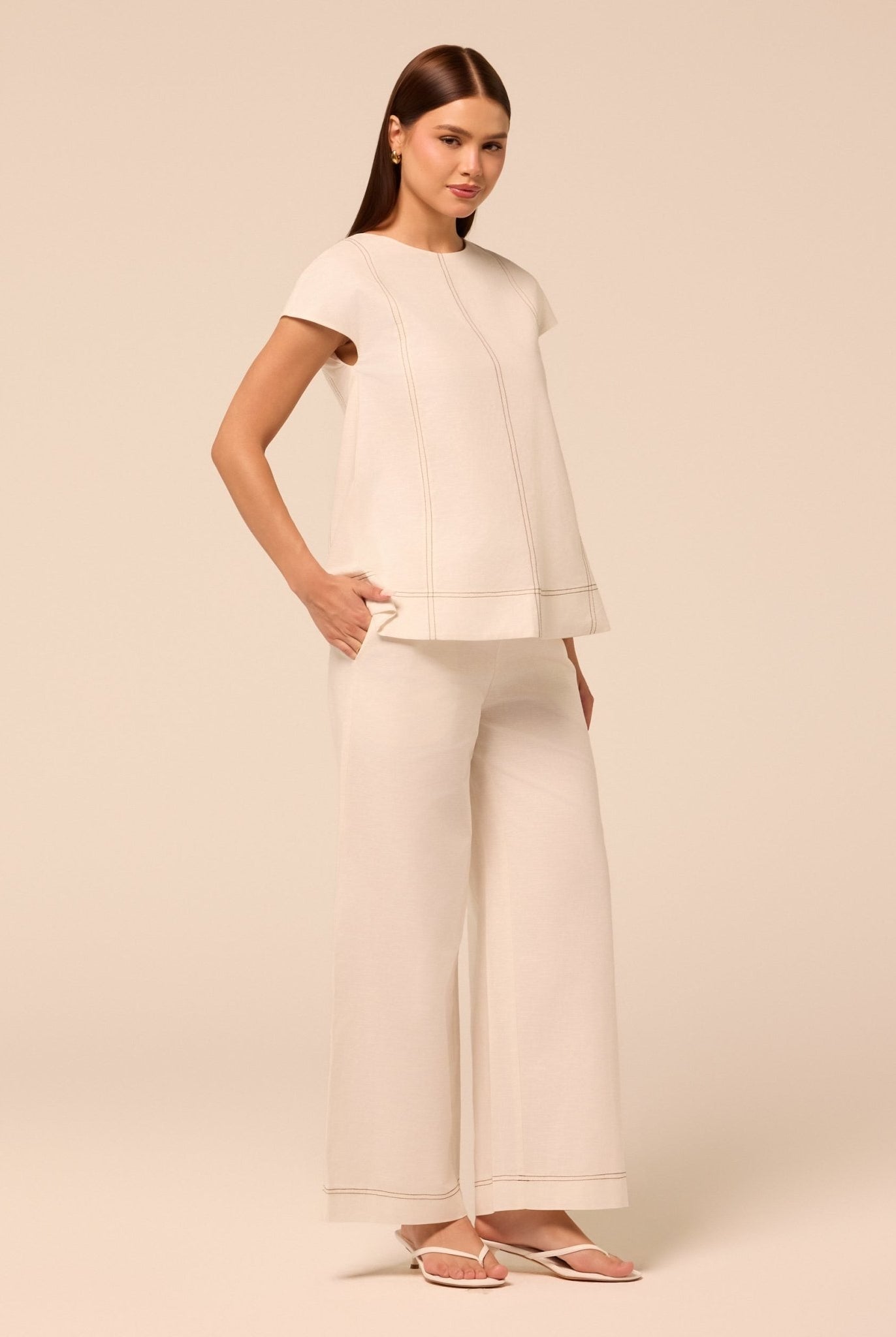 Beige Wide Leg Pants with Contrast Stitching - shopaleena